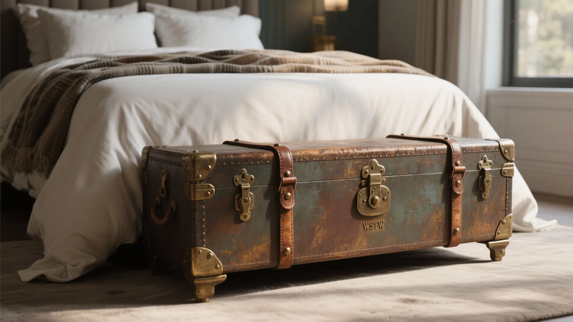 Vintage brown storage trunk placed at the end of a white bed in a bedroom