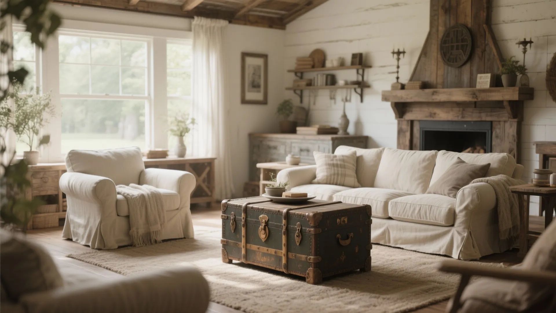 Vintage trunk used as coffee table in rustic living room with sofa and stone fireplace