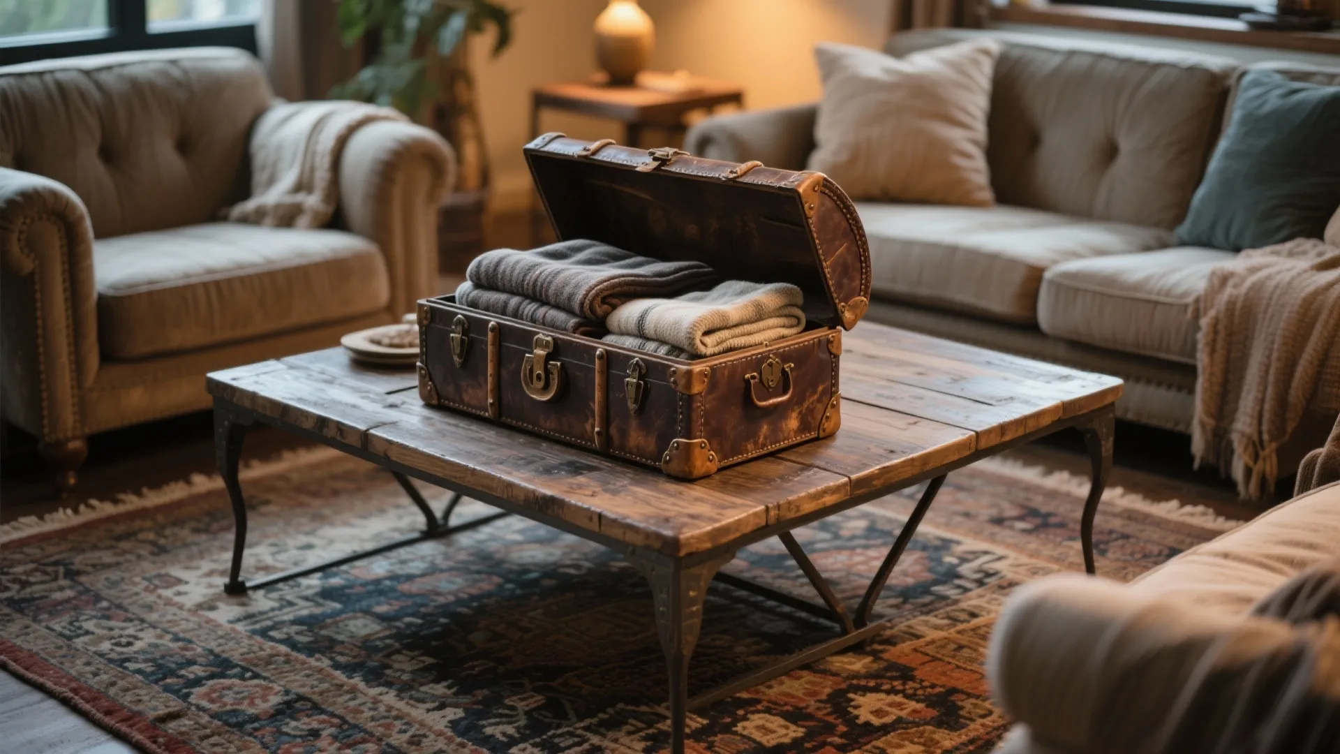 Vintage leather trunk serving as coffee table with blanket storage