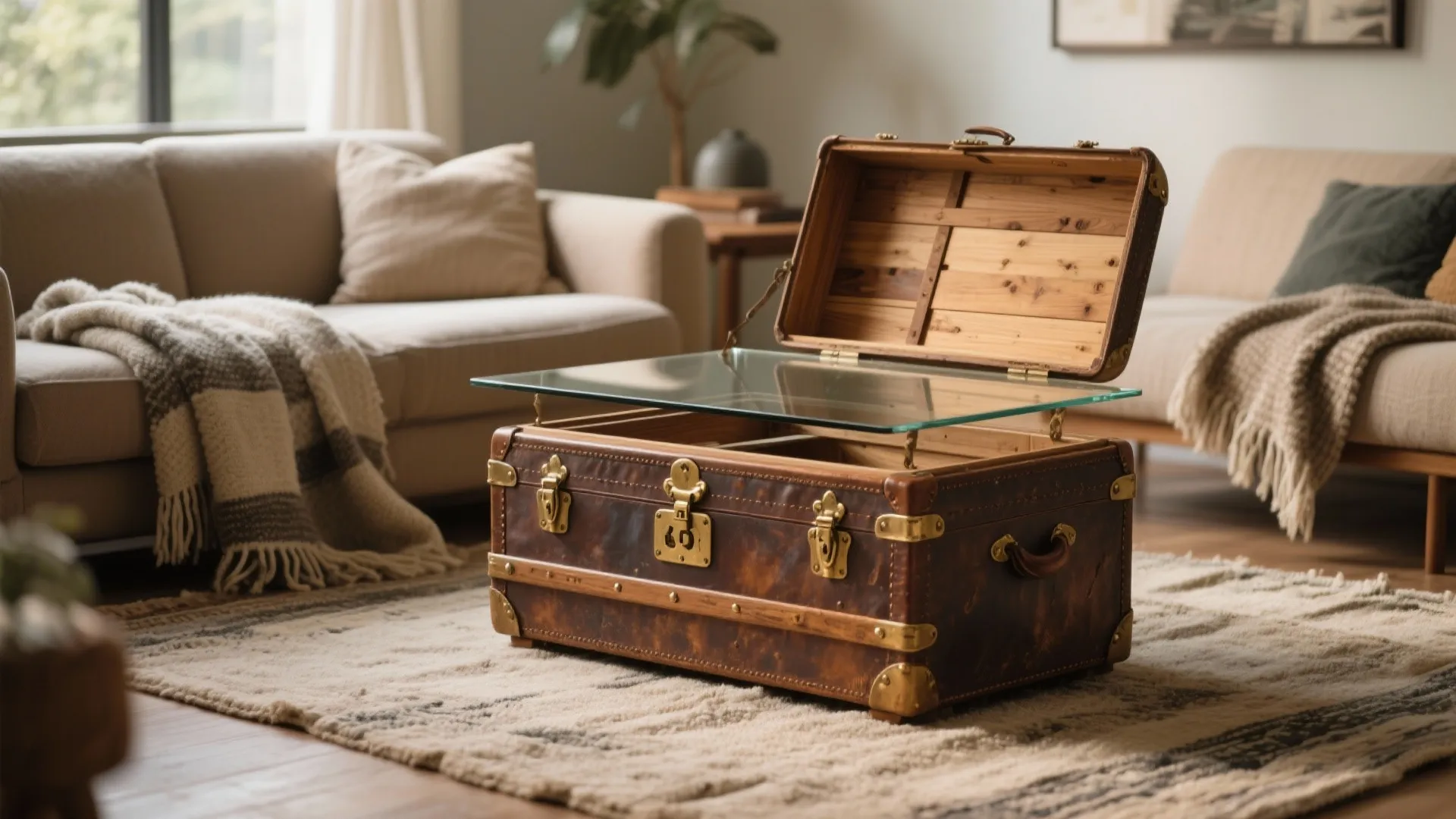 Vintage travel trunk with glass top serving as a coffee chest in a cozy living room.