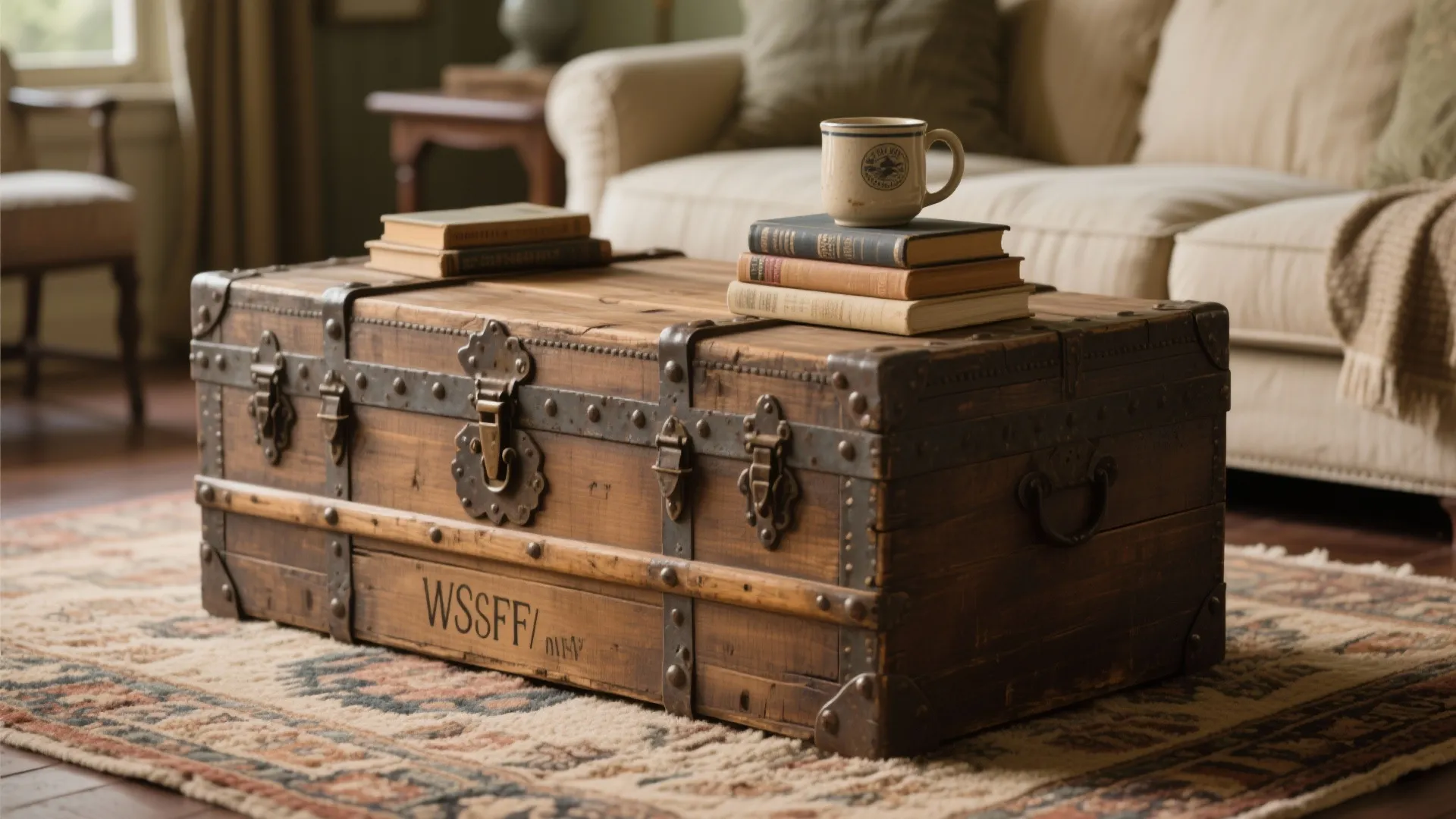 Vintage wooden chest used as a coffee table with books and mug on patterned rug