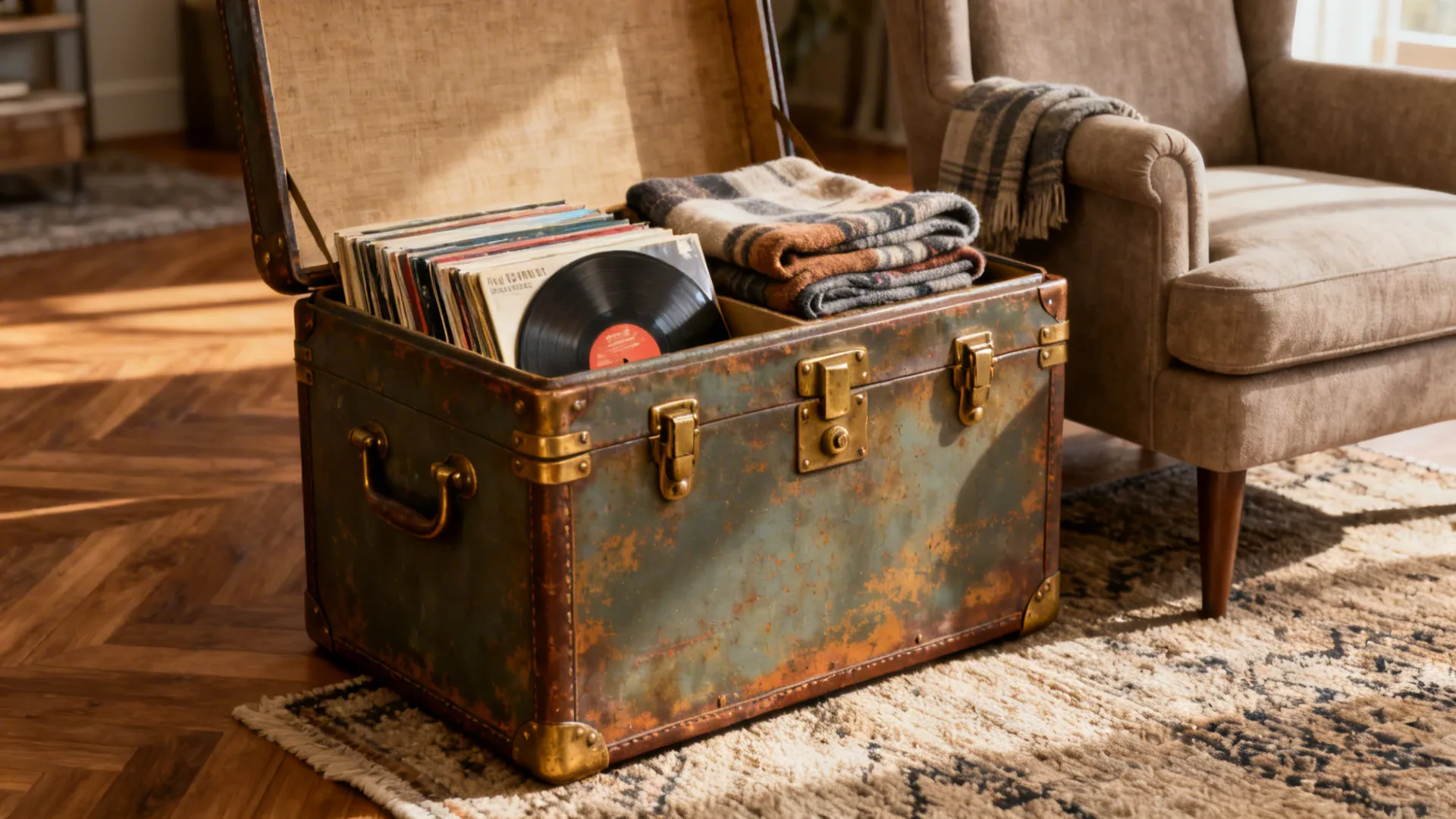 Restored vintage trunk repurposed as a side table storing records and throws.
