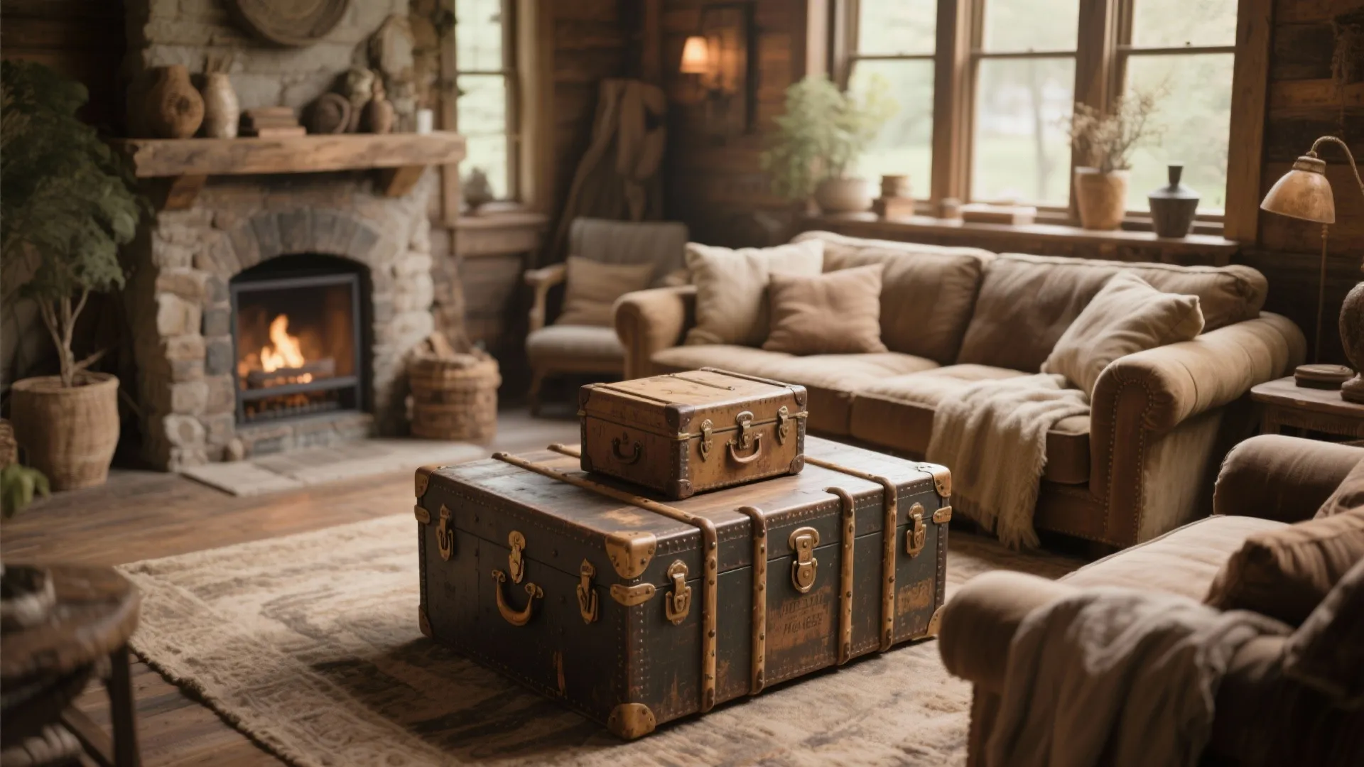 Rustic living room featuring brown sofa, fireplace, and two vintage storage trunks as coffee table