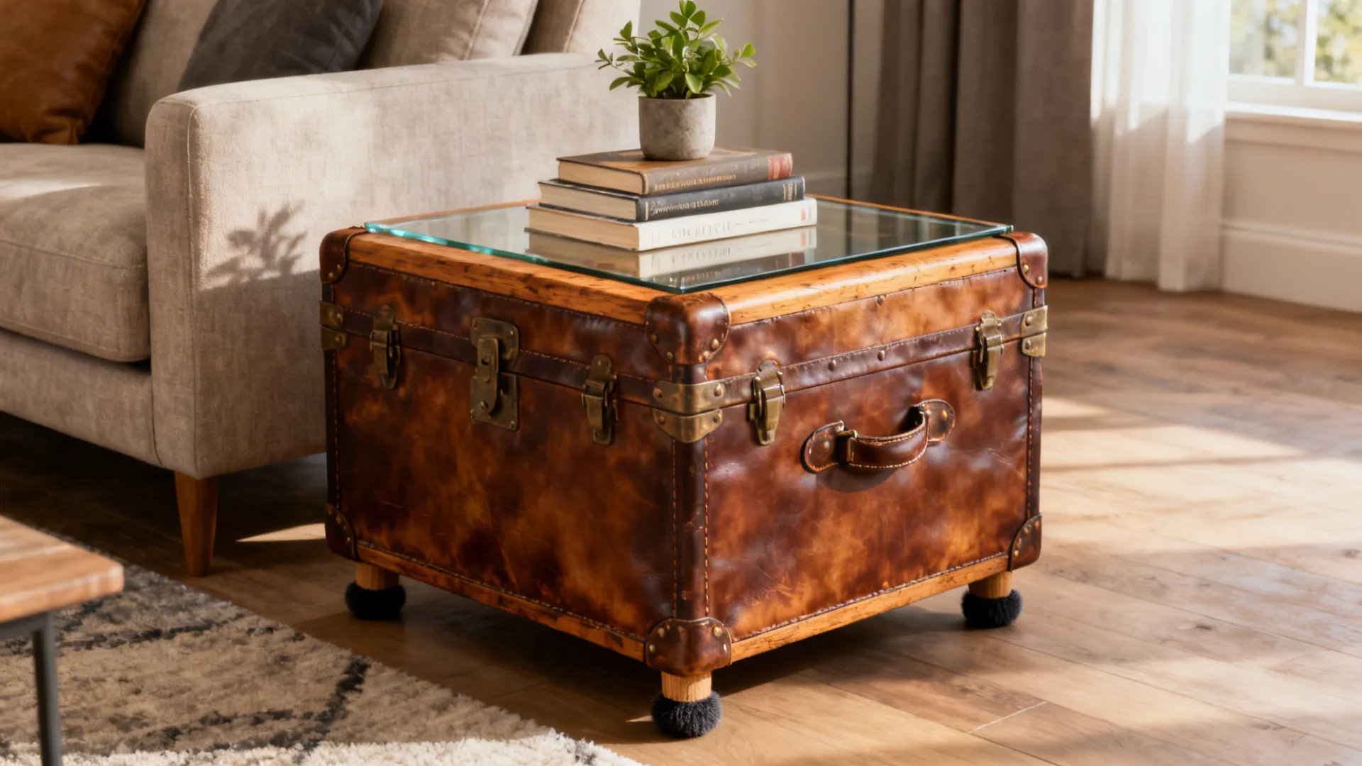 Brown leather trunk used as coffee table with glass top books plant next to sofa