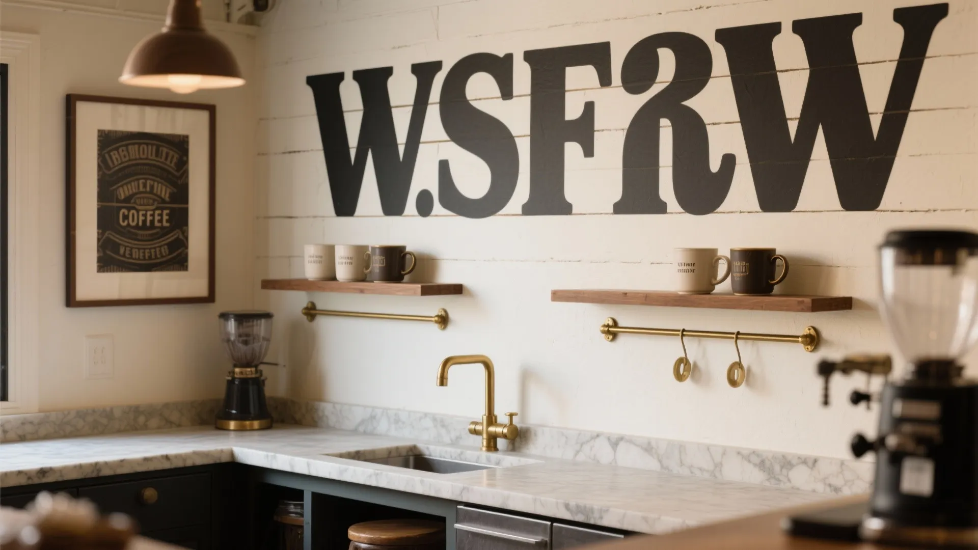 Modern kitchen with marble counter gold tap wall shelves and large black text on wall