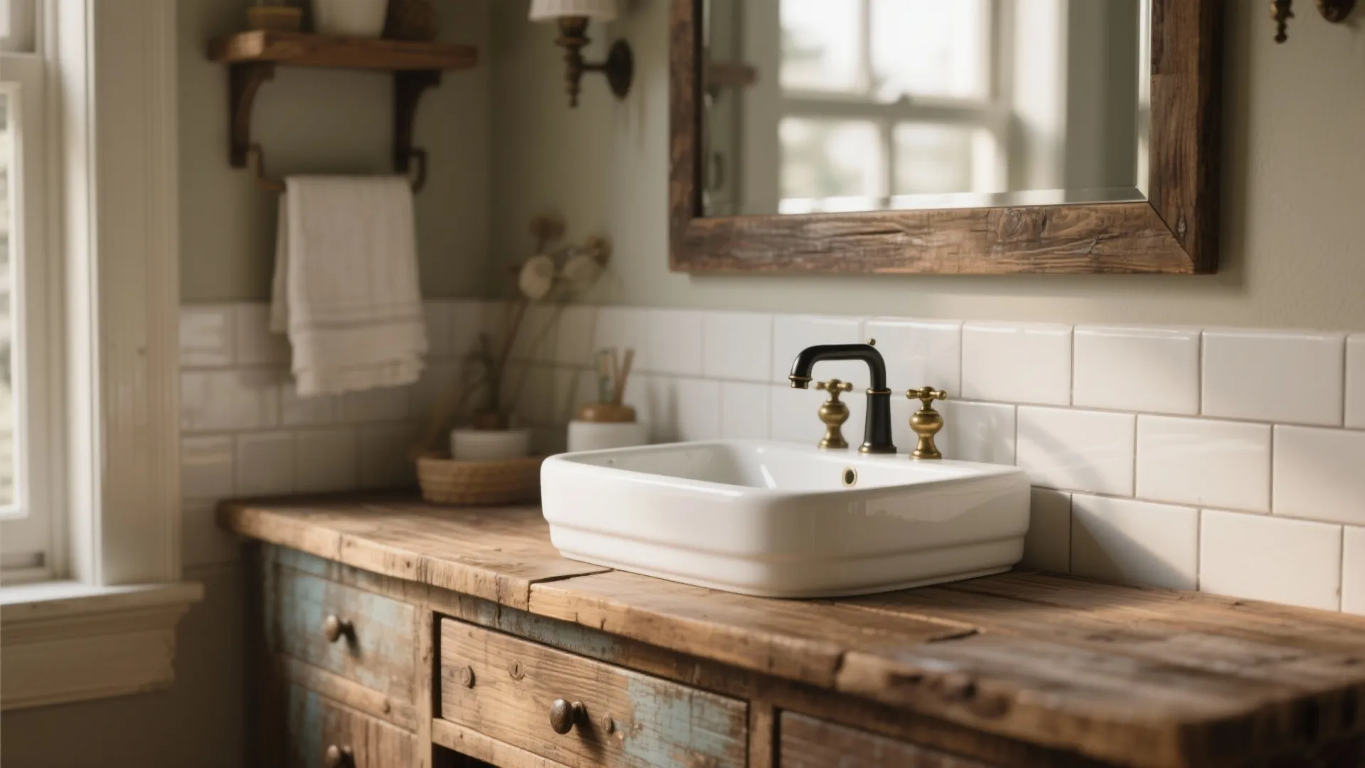 Salvaged wooden vanity with a modern vessel sink against white subway tile, showing sealed wood grain.