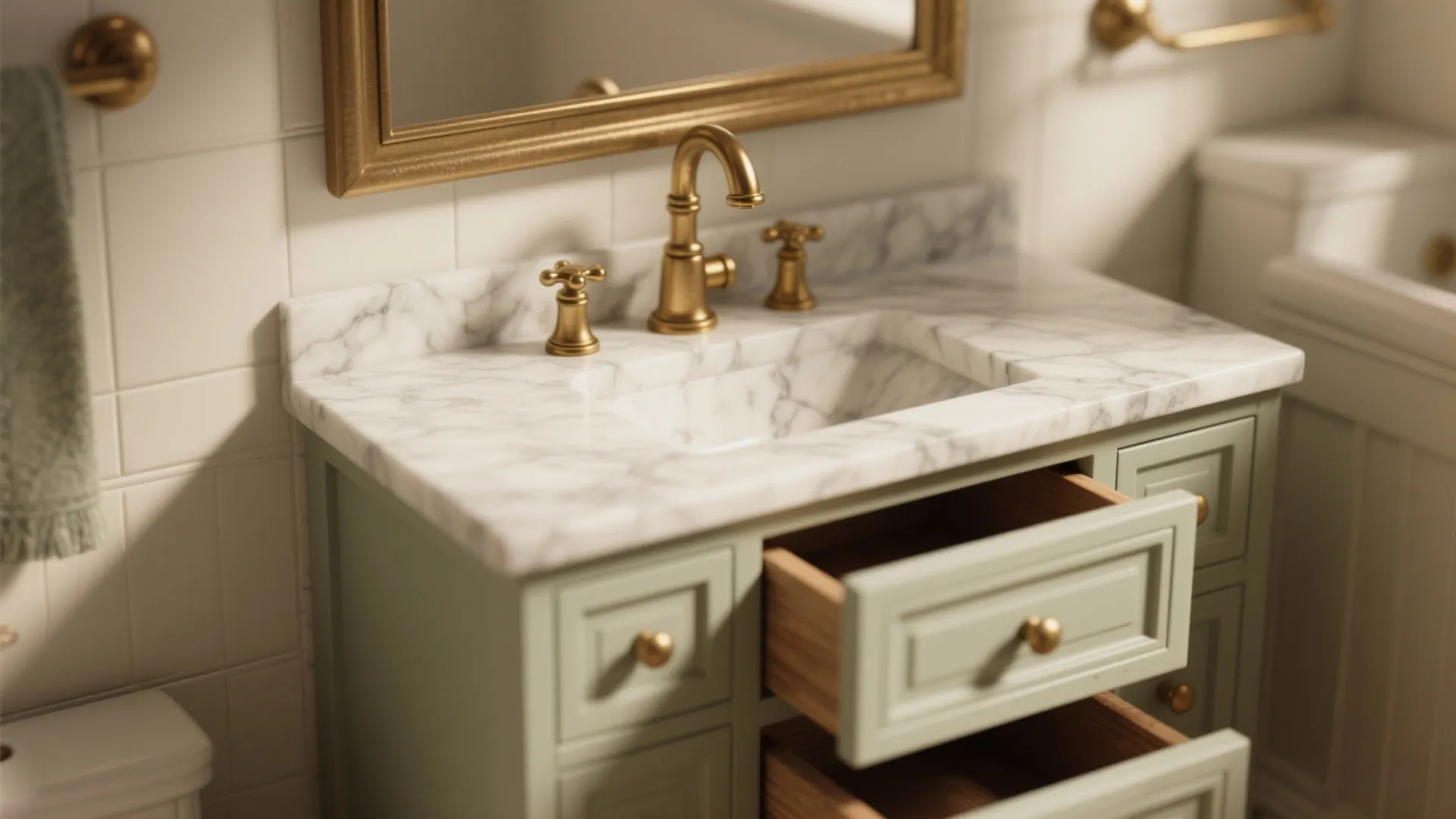 Vintage green bathroom cabinet with marble top golden faucet and open drawers for organized storage