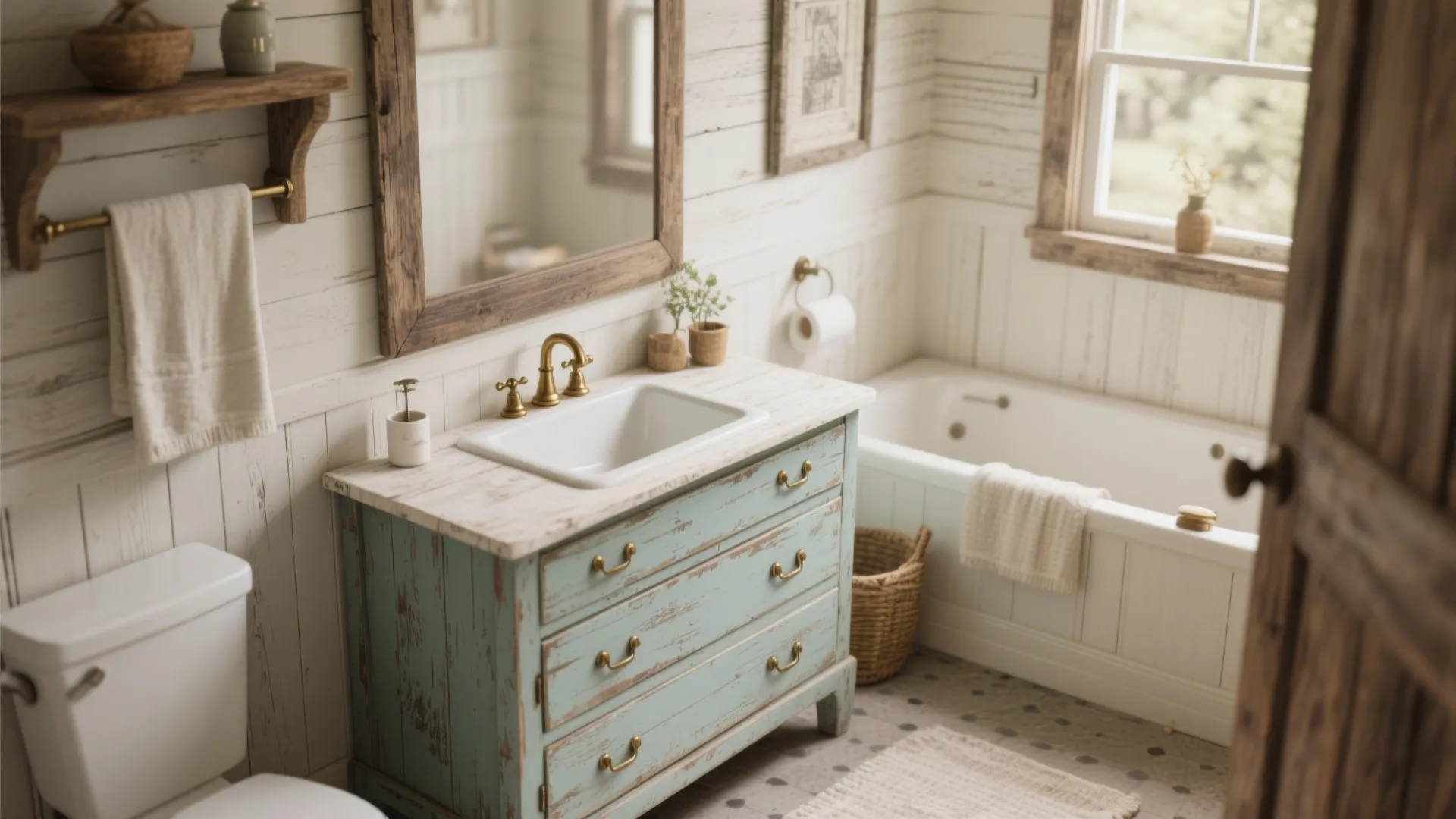 Bathroom with upcycled vintage dresser vanity in farmhouse style