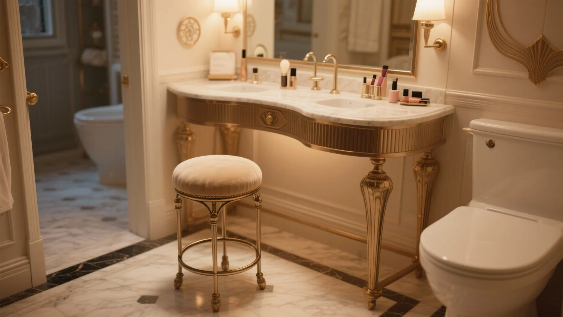 Luxury bathroom vanity with gold metal legs and a round velvet seat stool and mirror