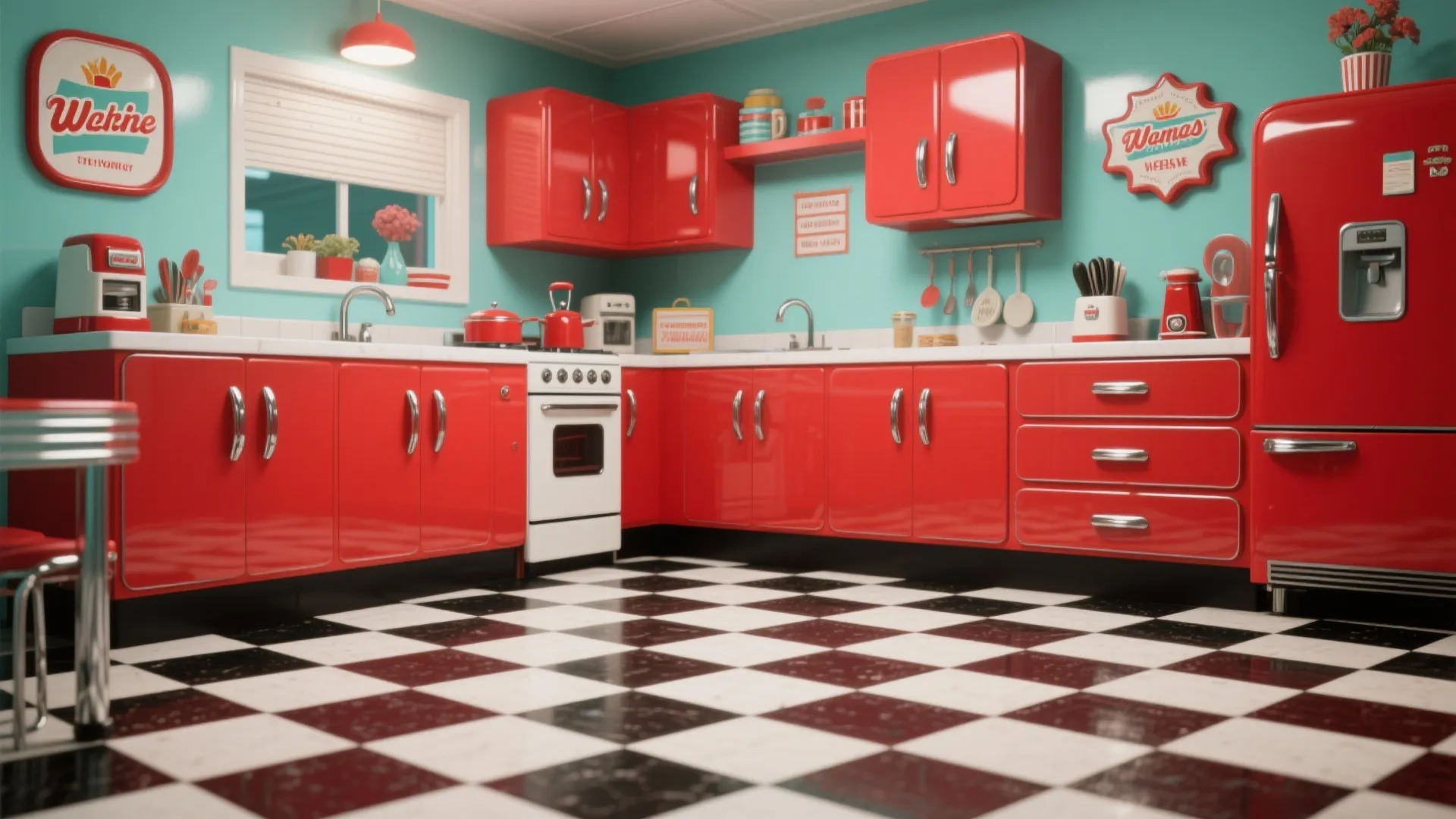 Retro kitchen with red cabinets teal walls checkered floor red fridge and vintage style ceiling light