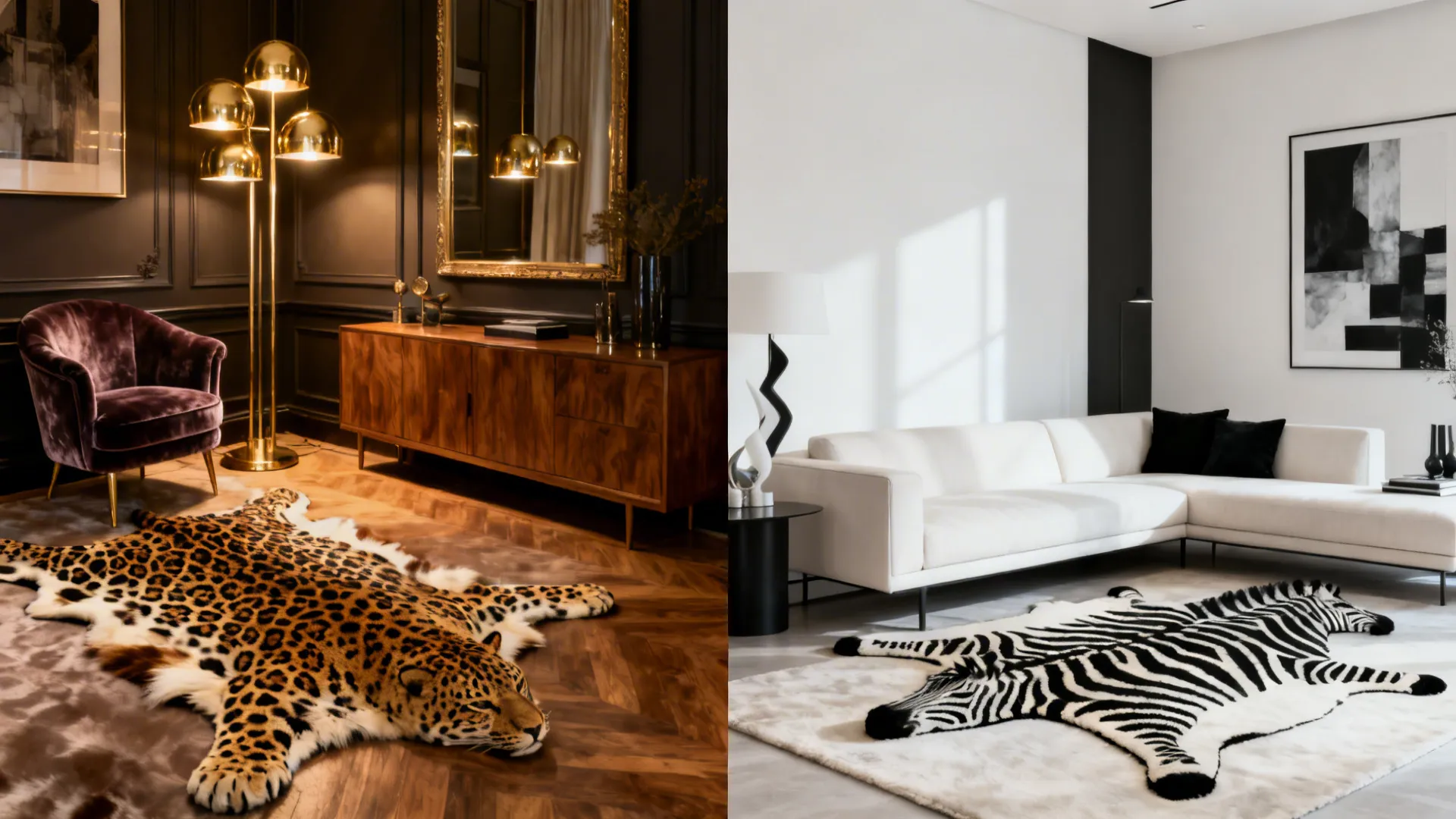 Two corners: vintage luxe with leopard rug and brass, and modern minimalist with zebra rug and clean lines.
