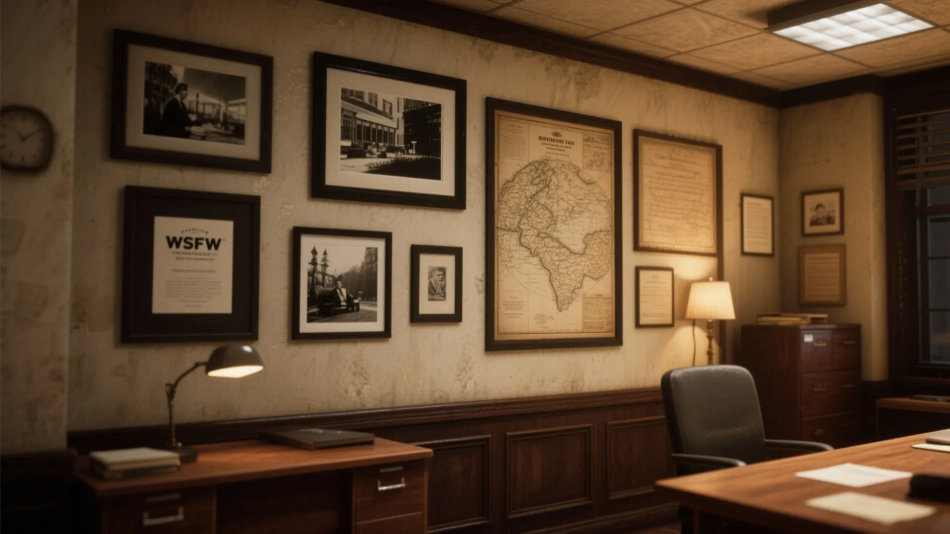 Classic office wall with framed pictures vintage map wall panel desk lamp and wooden desk