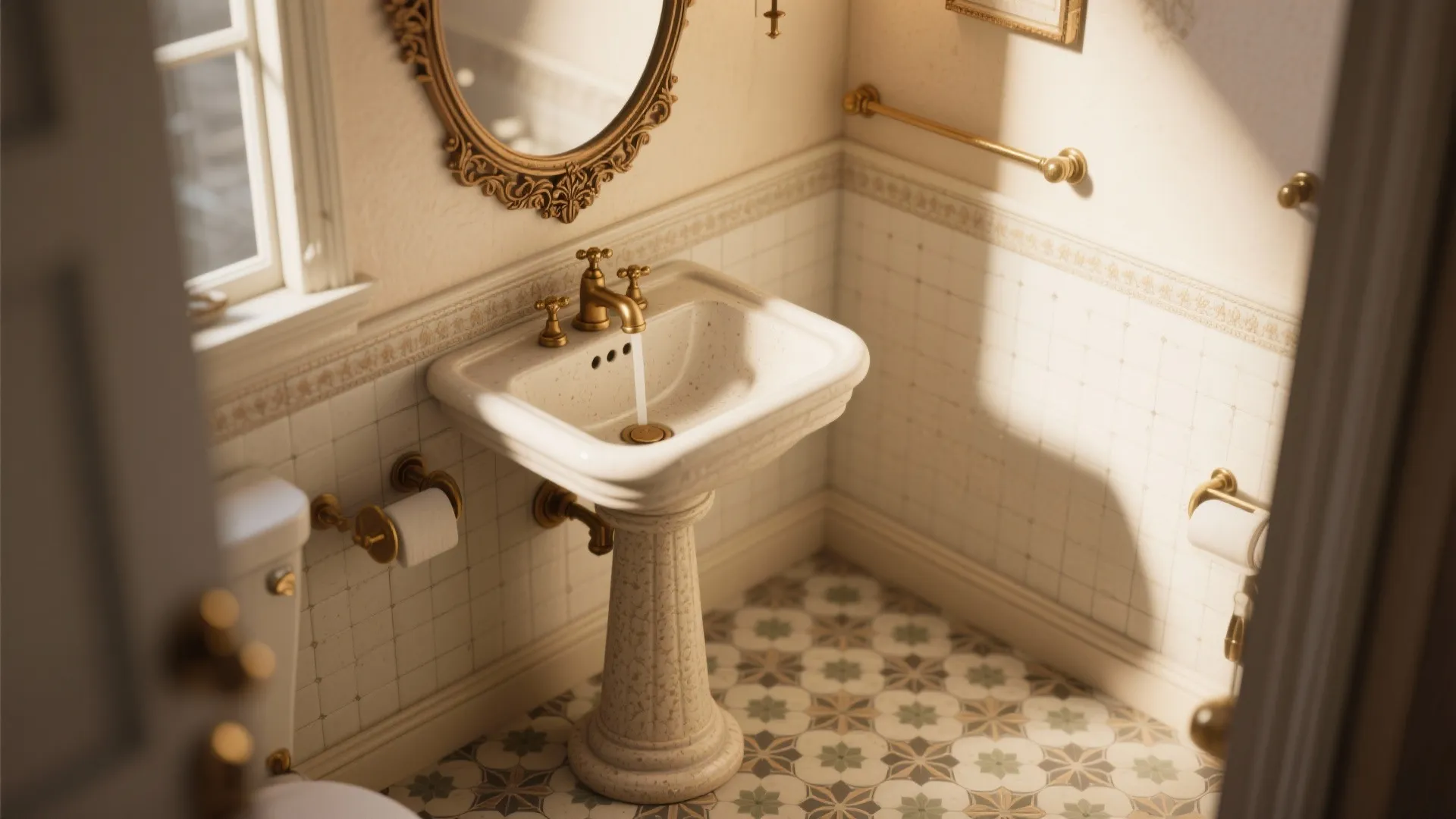Vintage bathroom with white pedestal sink gold faucet round mirror patterned floor tiles and window