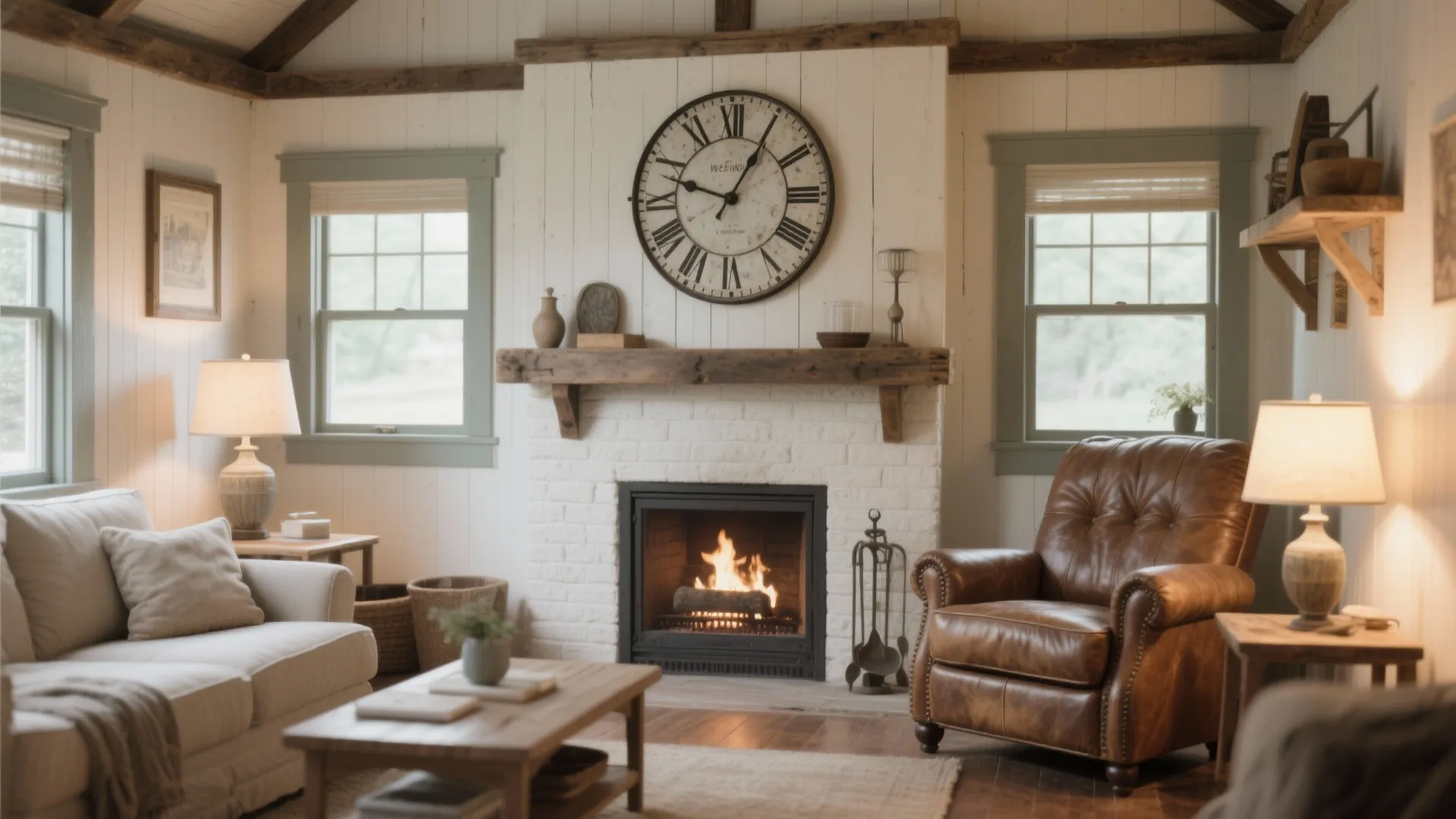 Cozy living room with fireplace large vintage wall clock leather armchair and warm lamp lighting