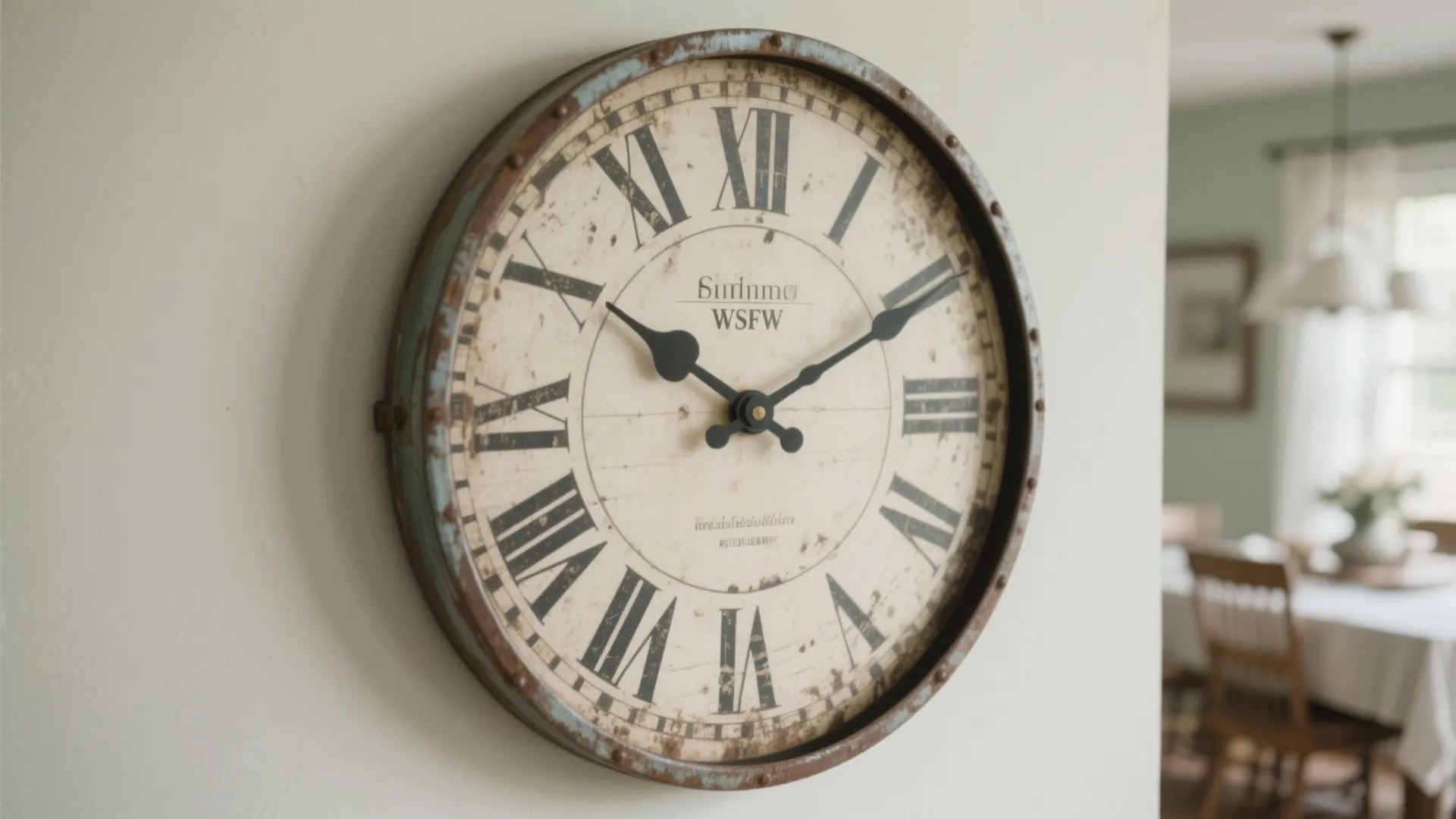 Large vintage metal wall clock with Roman numerals hanging on a plain white interior wall