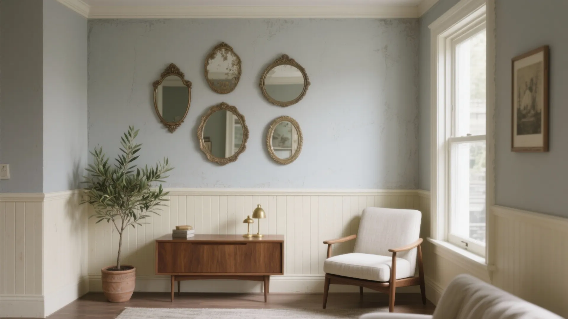 Vintage room featuring blue walls five gold mirrors cream wall panels wooden cabinet and white chair