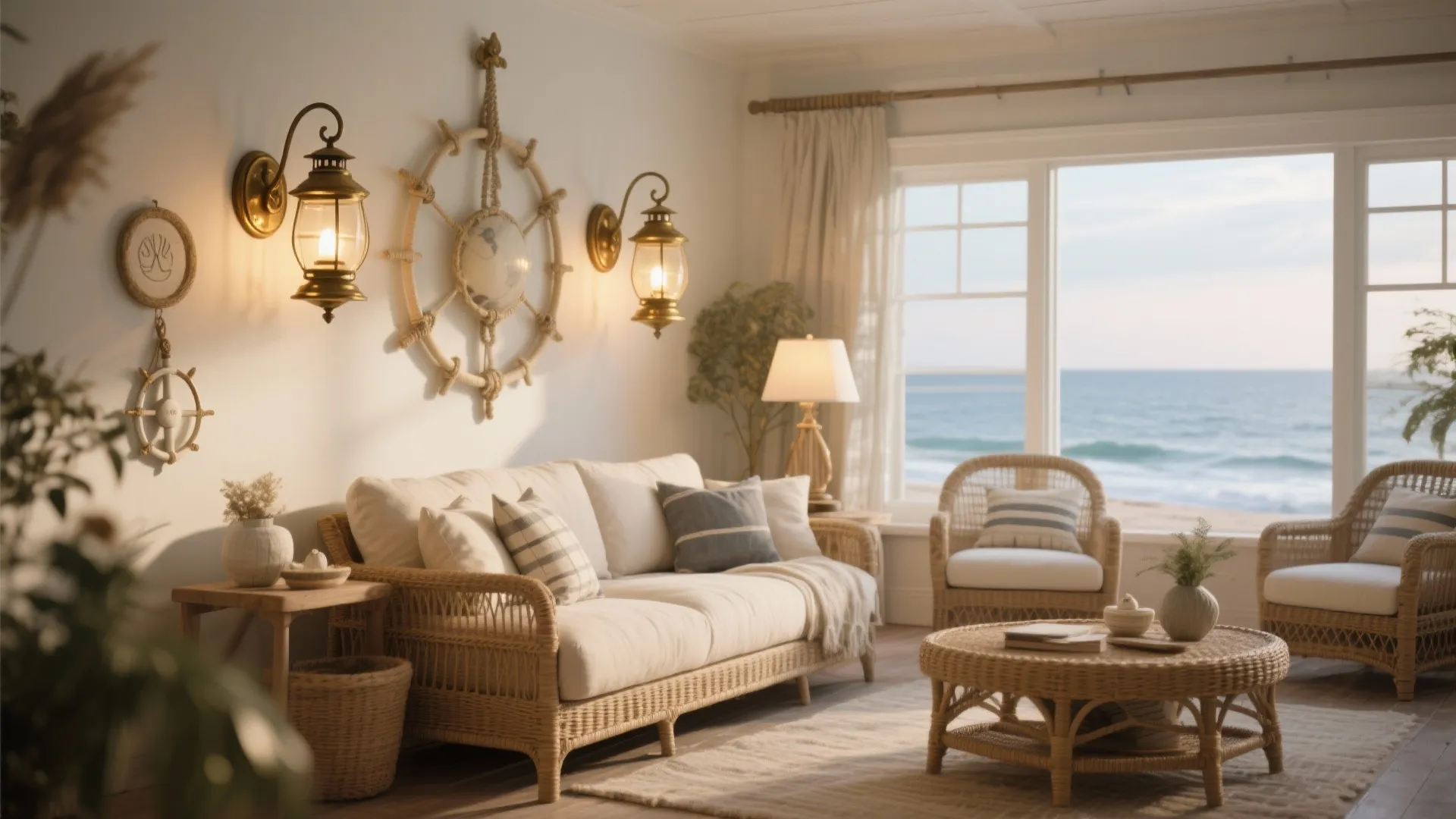 Coastal living room with brass vintage-style wall lanterns