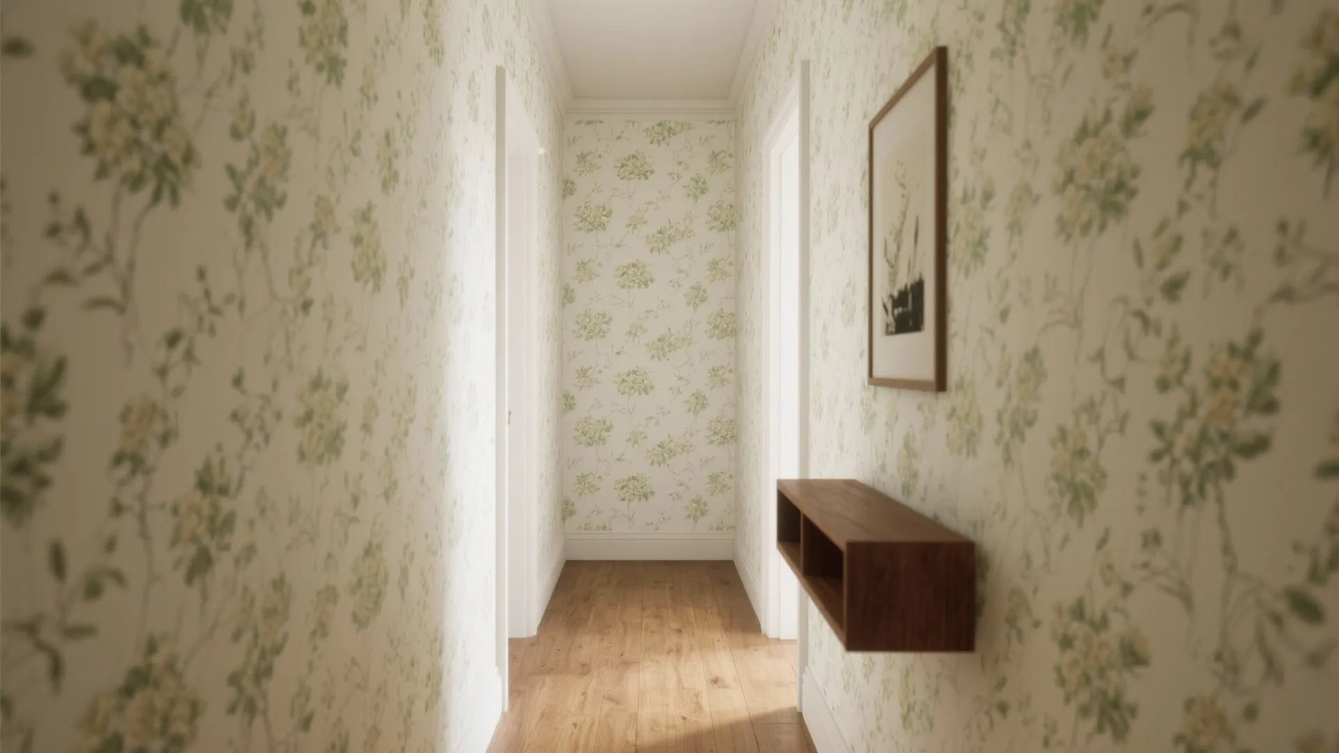 Narrow hallway with vintage floral wallpaper, wooden floor, floating wall shelf, and small framed art