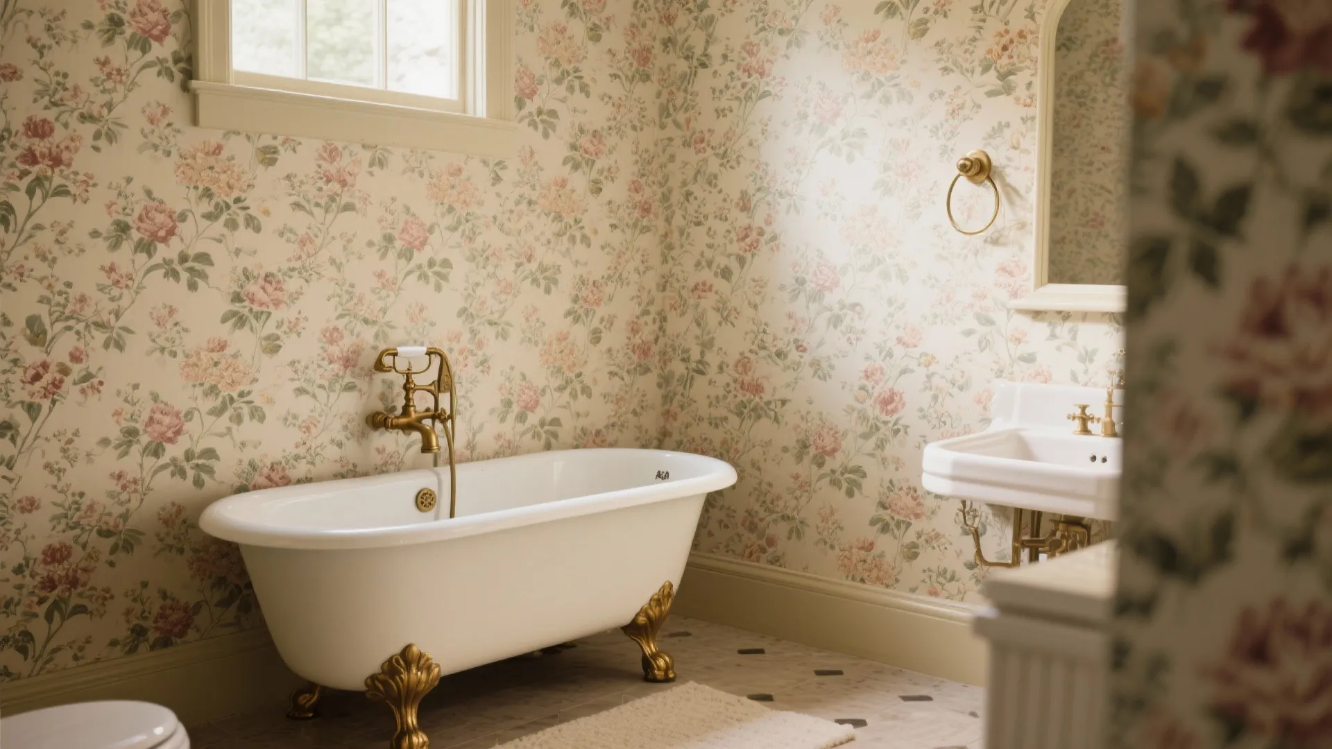 Vintage bathroom featuring floral wallpaper, white bathtub with gold feet, and matching gold sink faucets
