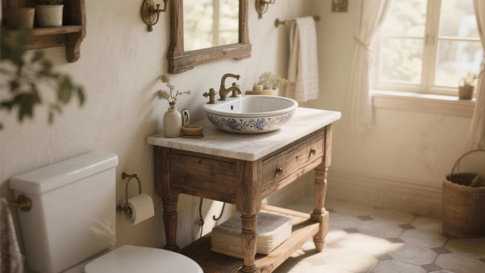 Antique wooden washstand with ceramic basin in a small bathroom
