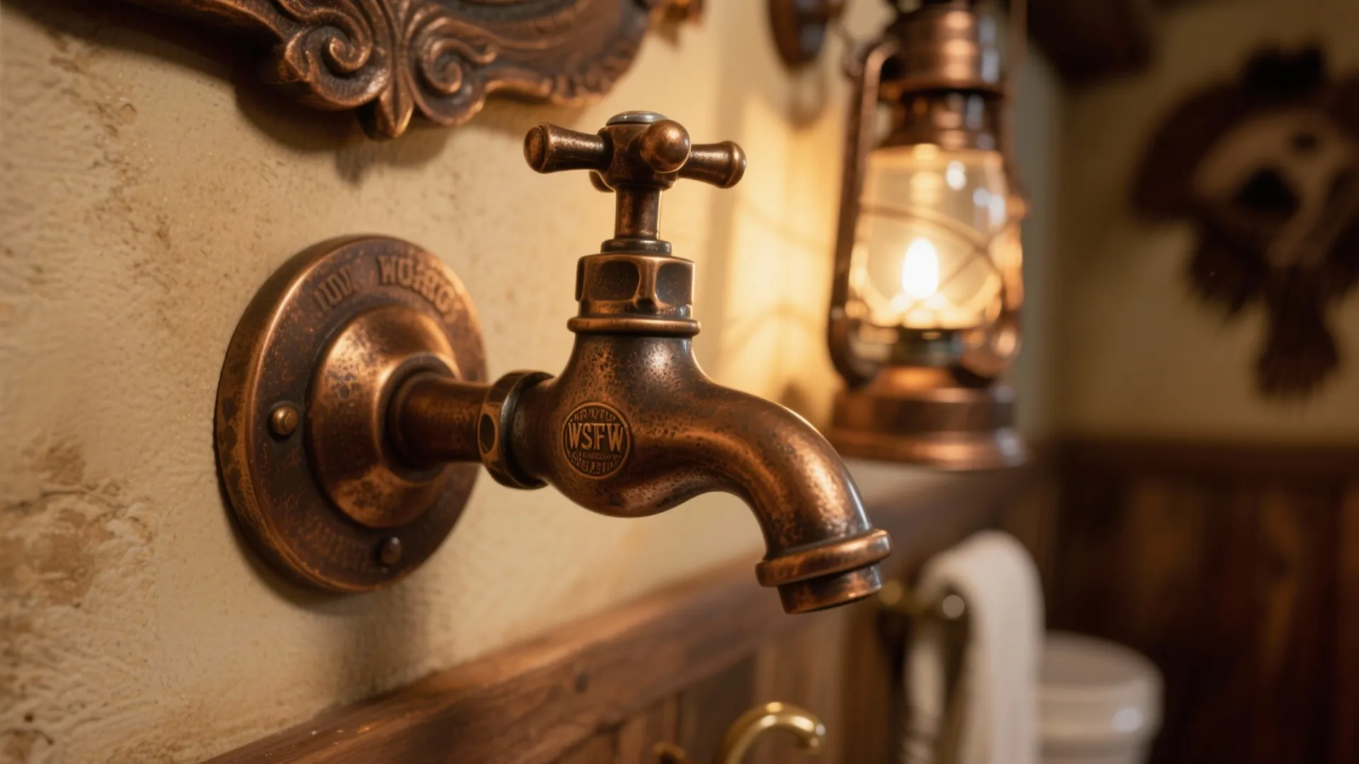 Close-up of bronze faucet and lantern sconce in cowboy bathroom