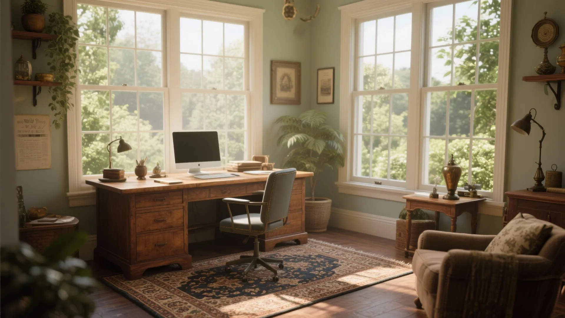 Classic home office featuring wooden desk computer chair patterned rug and large windows with light