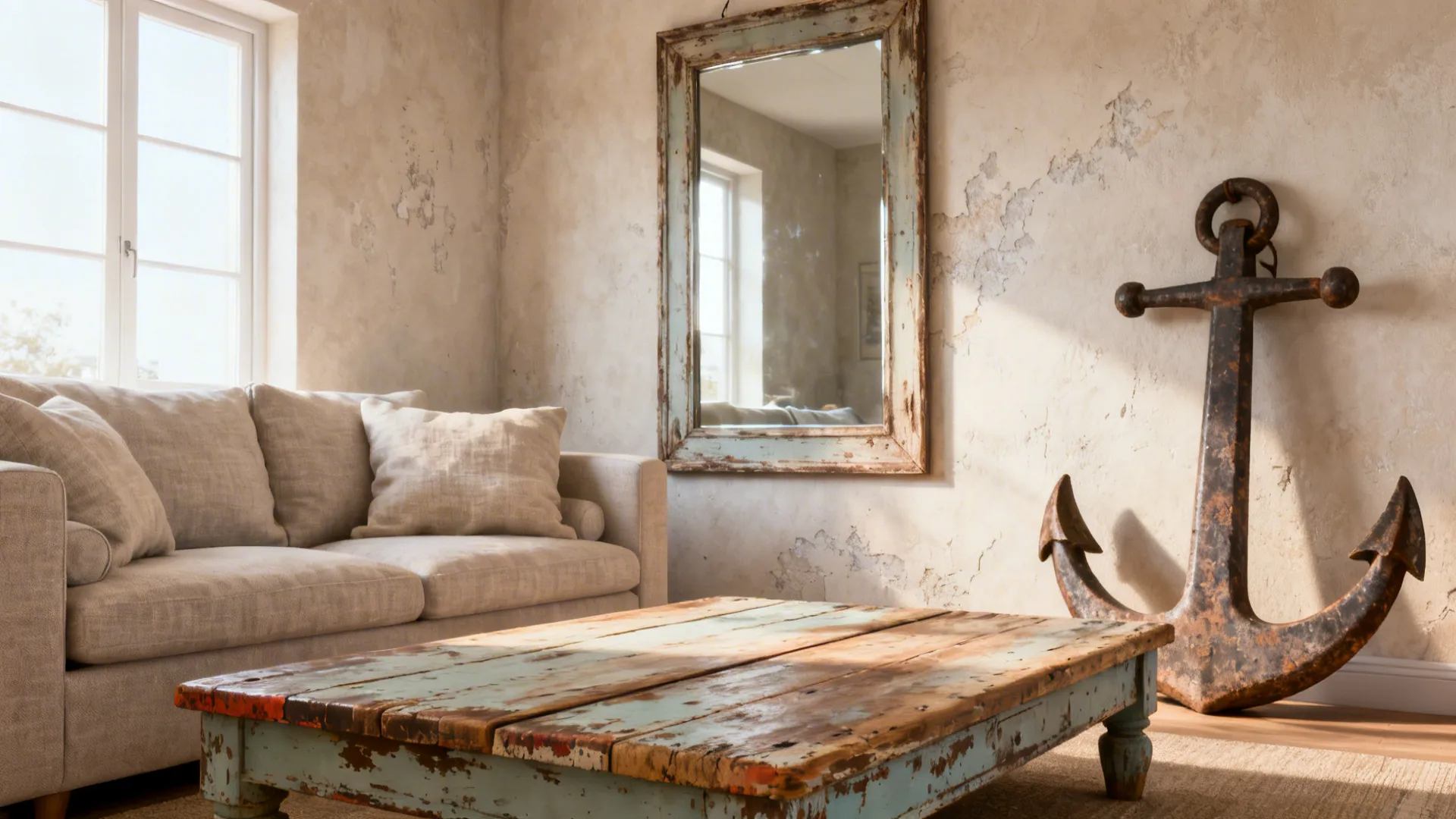 Modern neutral sofa paired with a large distressed vintage coffee table and mirror