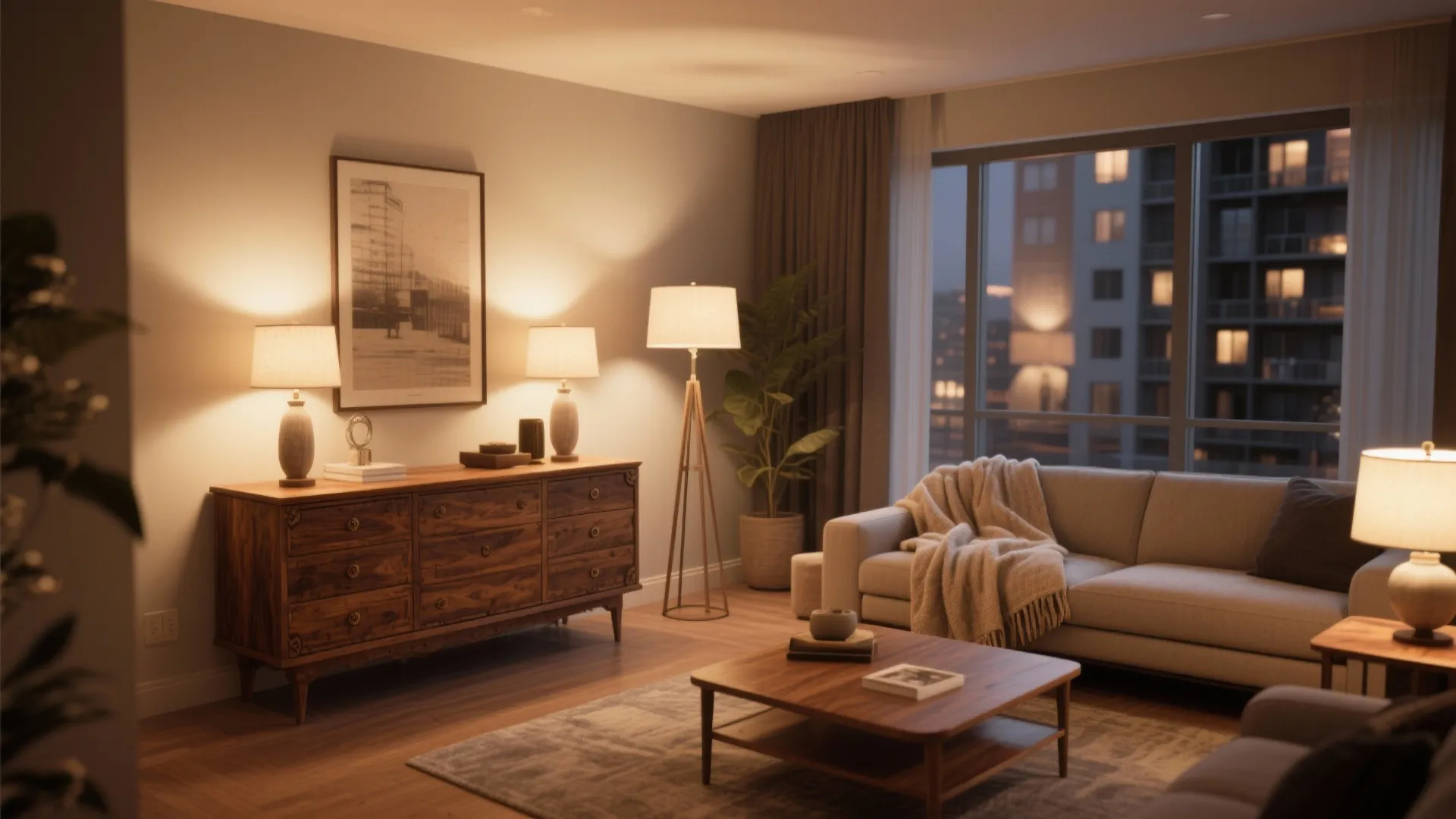 Antique oak dresser adding warmth to a modern condo living room