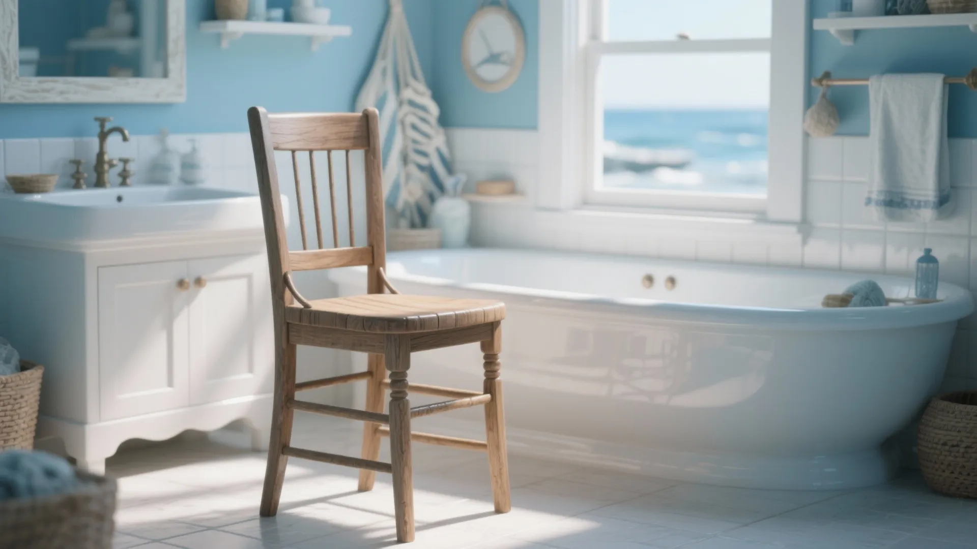 Coastal bathroom featuring wooden chair near white bathtub with window view of the blue sea