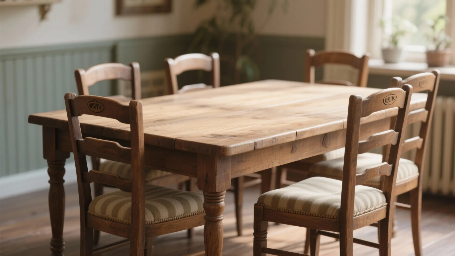 Vintage wooden dining table with striped chairs set in a warm and bright rustic dining room