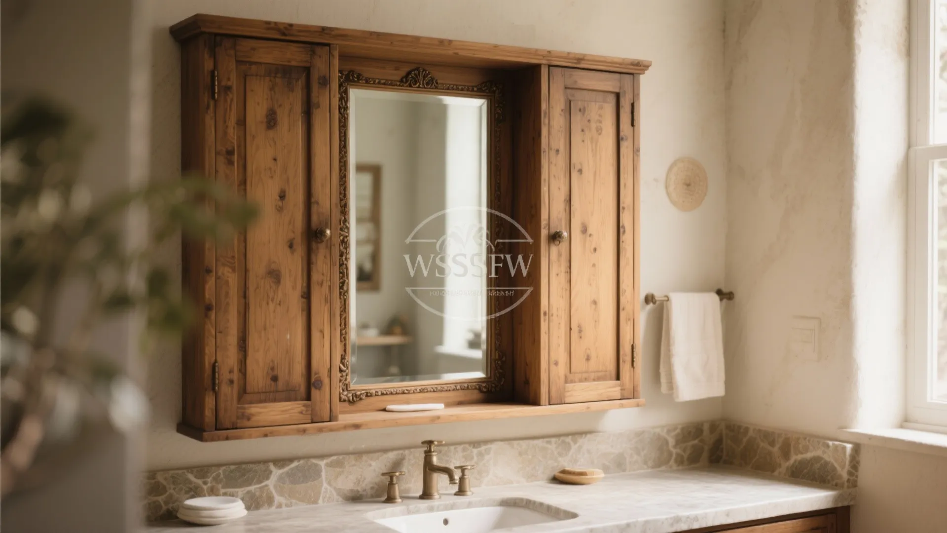 Rustic wooden bathroom mirror cabinet with side doors over a white marble counter and sink