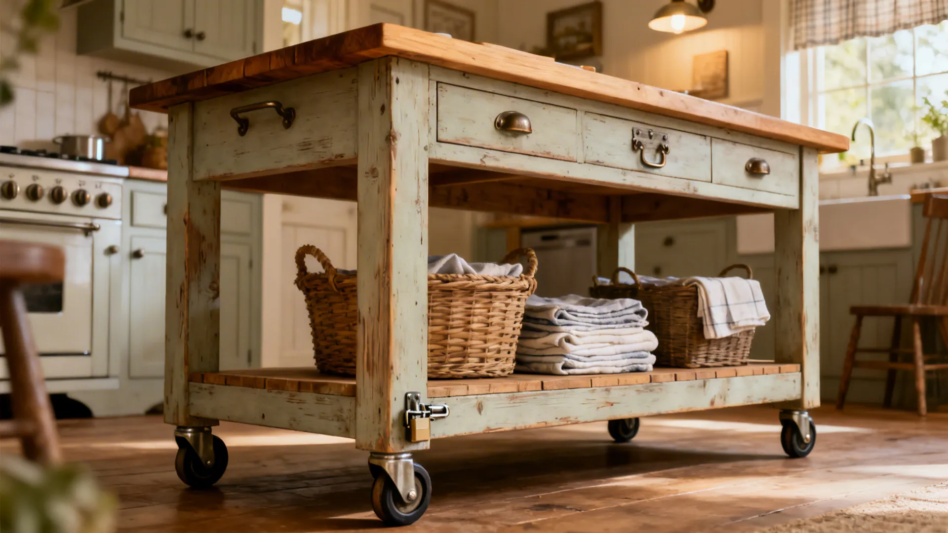 5) Vintage-look island repurposed from an old table or workbench