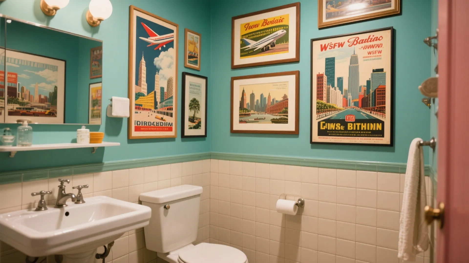 Retro green bathroom featuring vintage travel posters on walls with white sink and toilet furniture