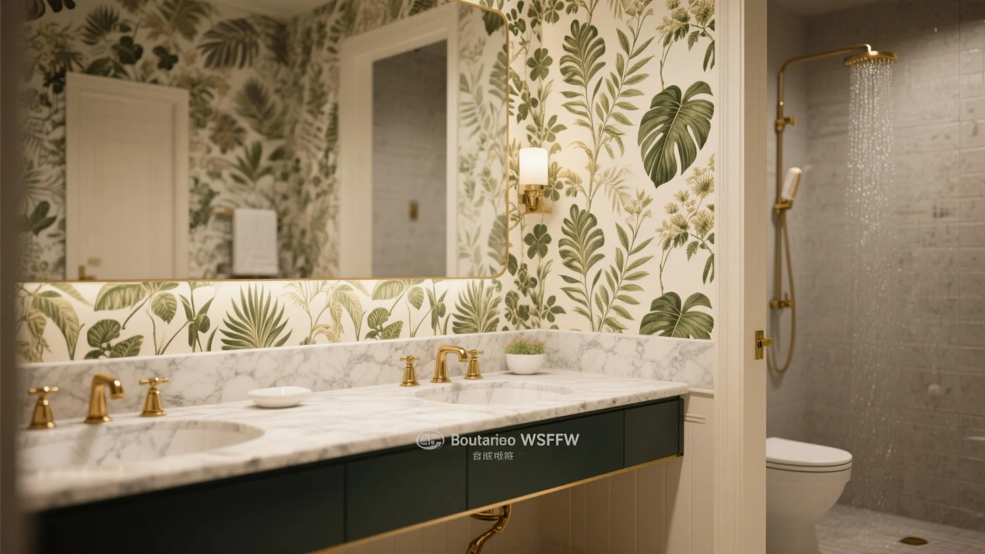 Luxury bathroom with green leaf pattern wallpaper marble counter gold faucets and a glass walk-in shower