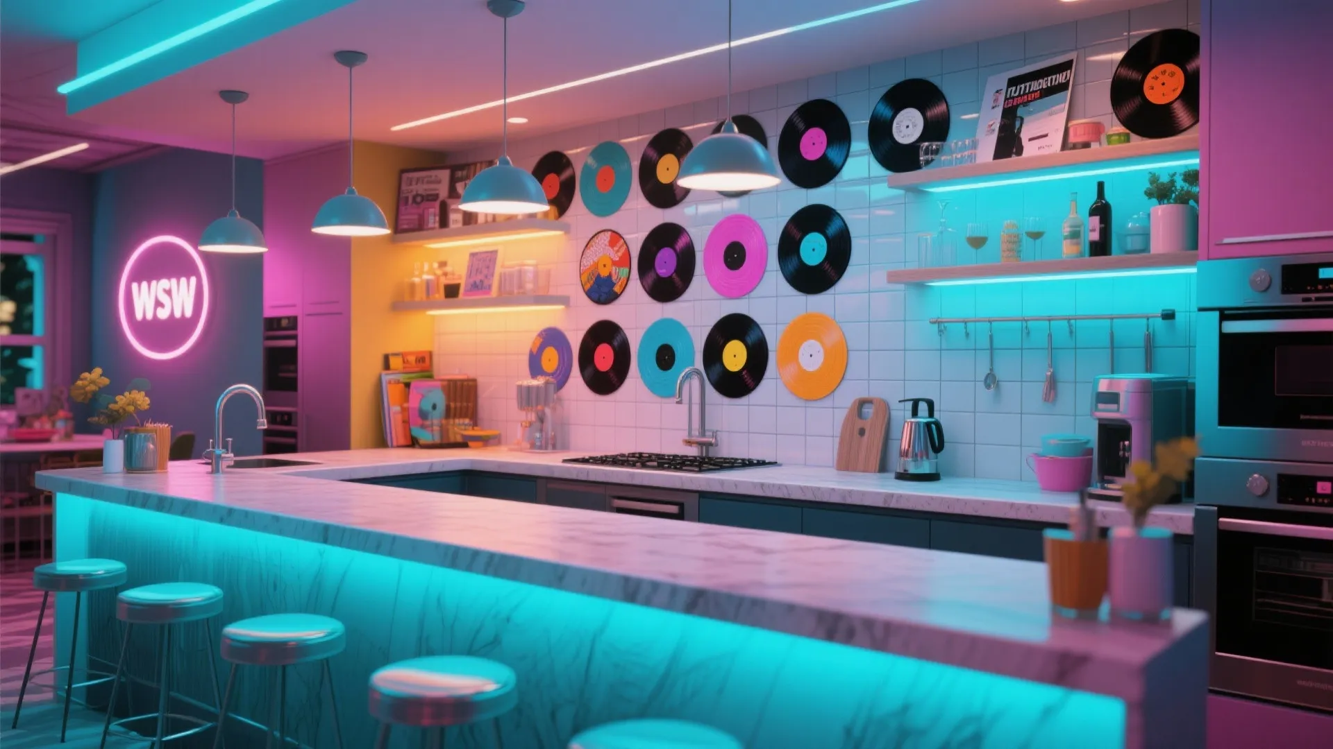Kitchen bar backsplash featuring colorful vinyl records in artistic arrangement