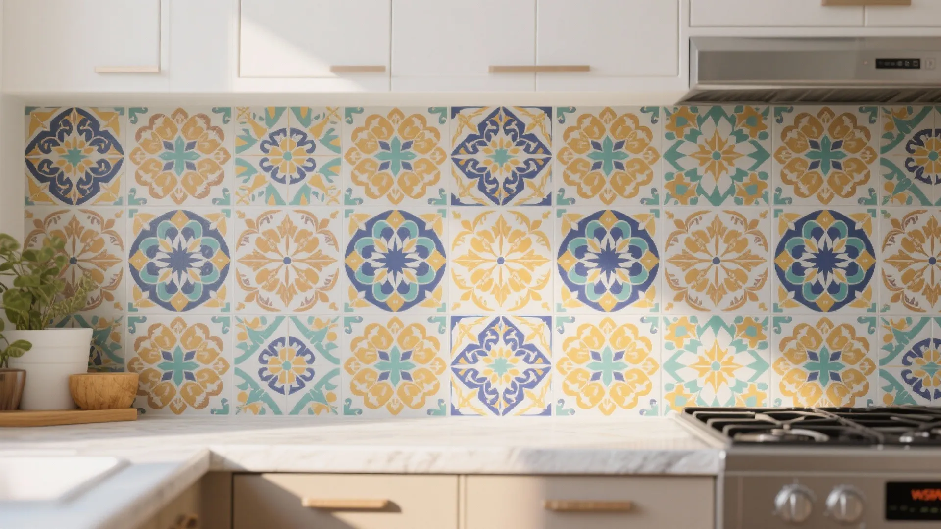 Peel-and-stick vinyl backsplash in Moroccan style