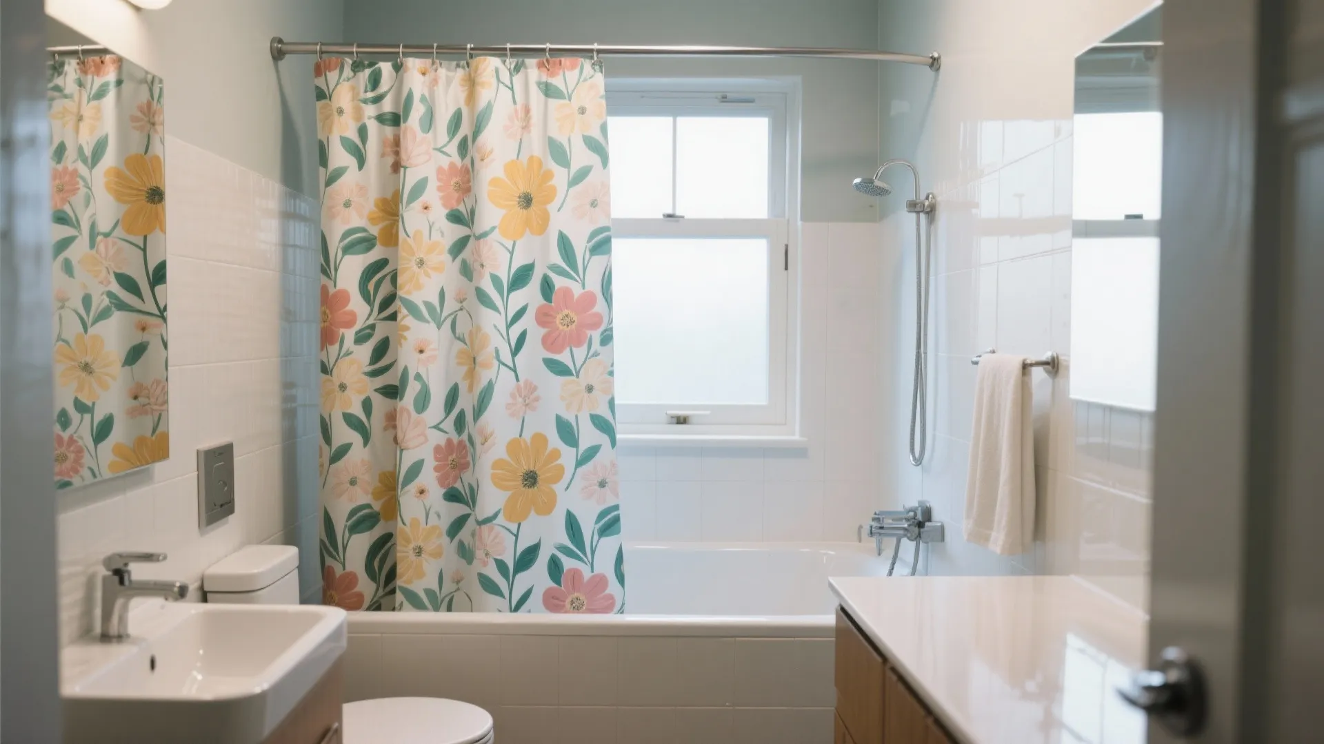 Modern bathroom with floral pattern curtain, white bathtub, sink, mirror, and light blue wall paint