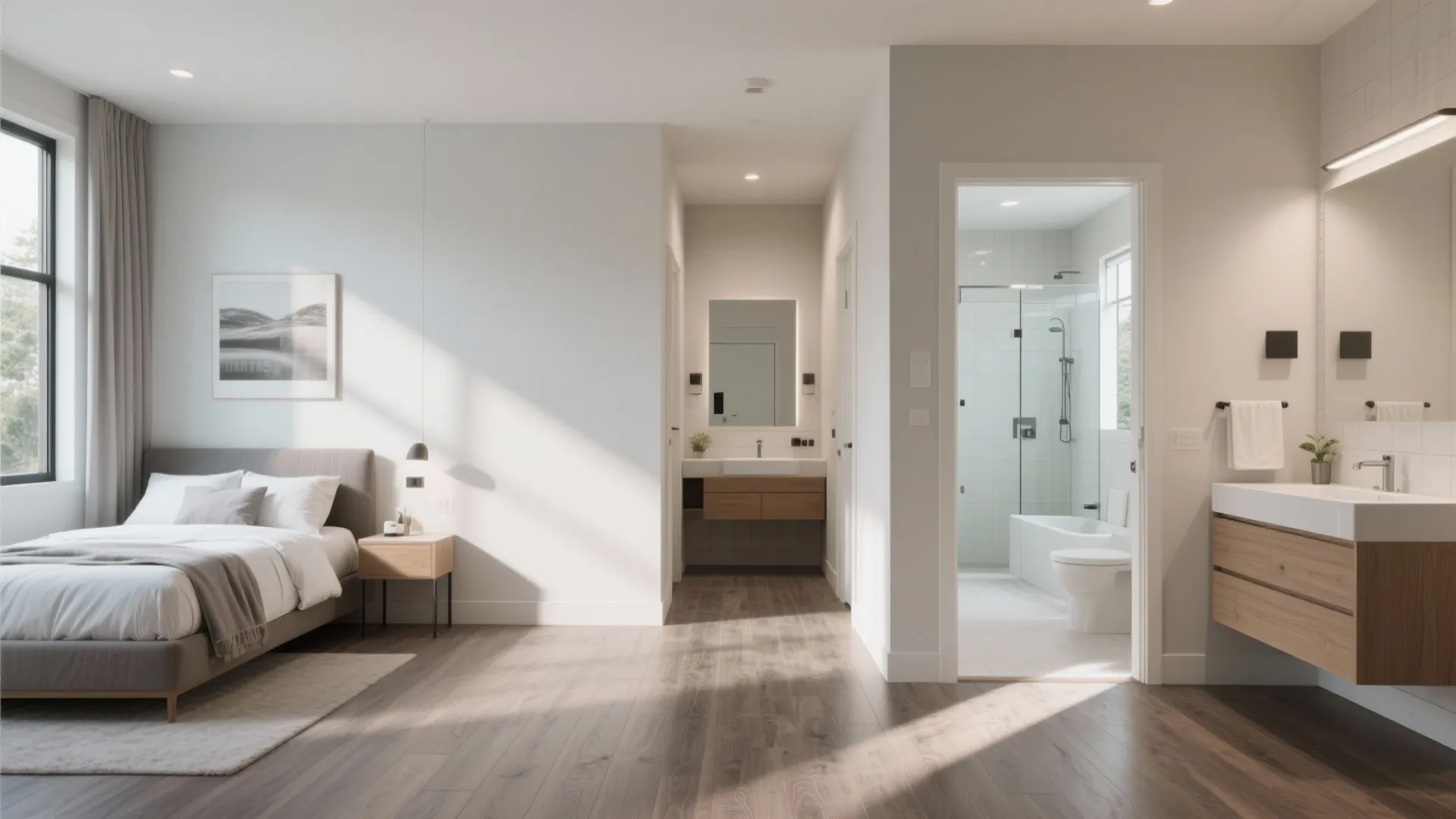 Modern open bedroom with grey bed and wood floor leading to a clean white bathroom
