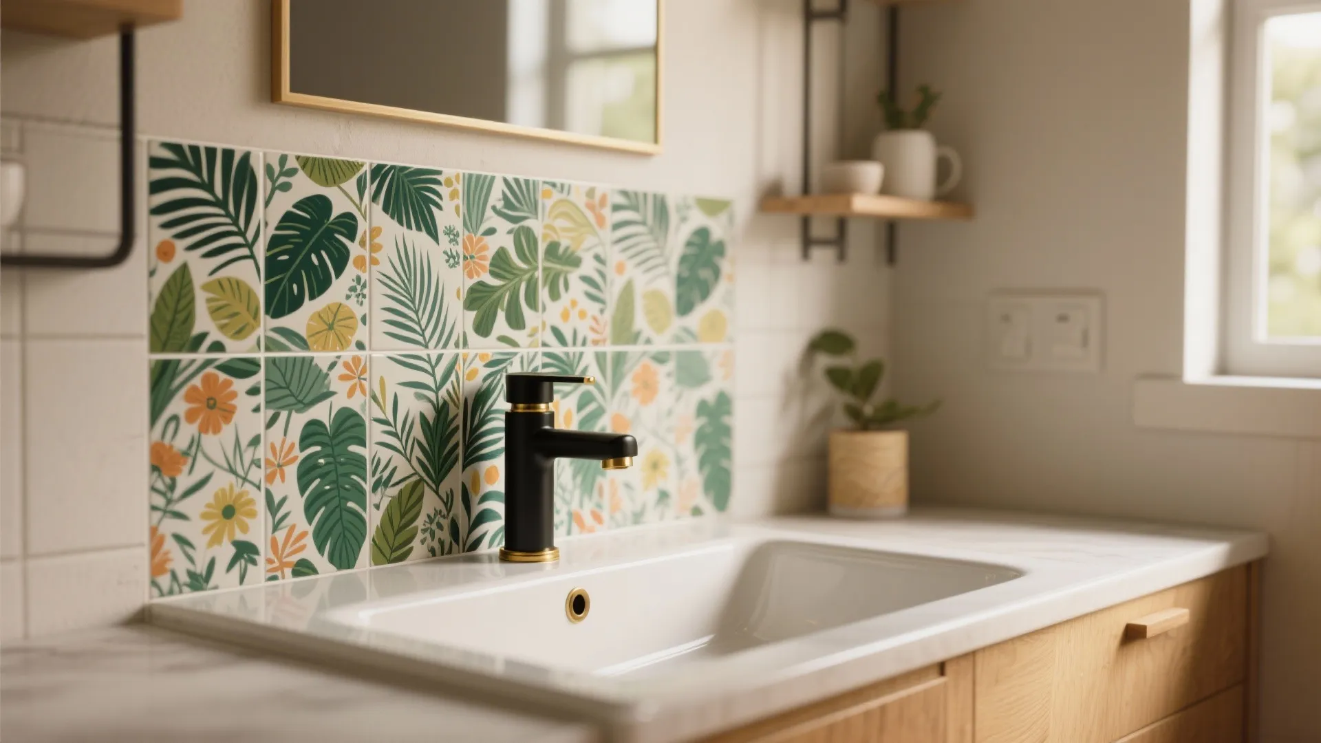 Modern bathroom sink with black water tap and decorative botanical pattern wall tiles with green leaves