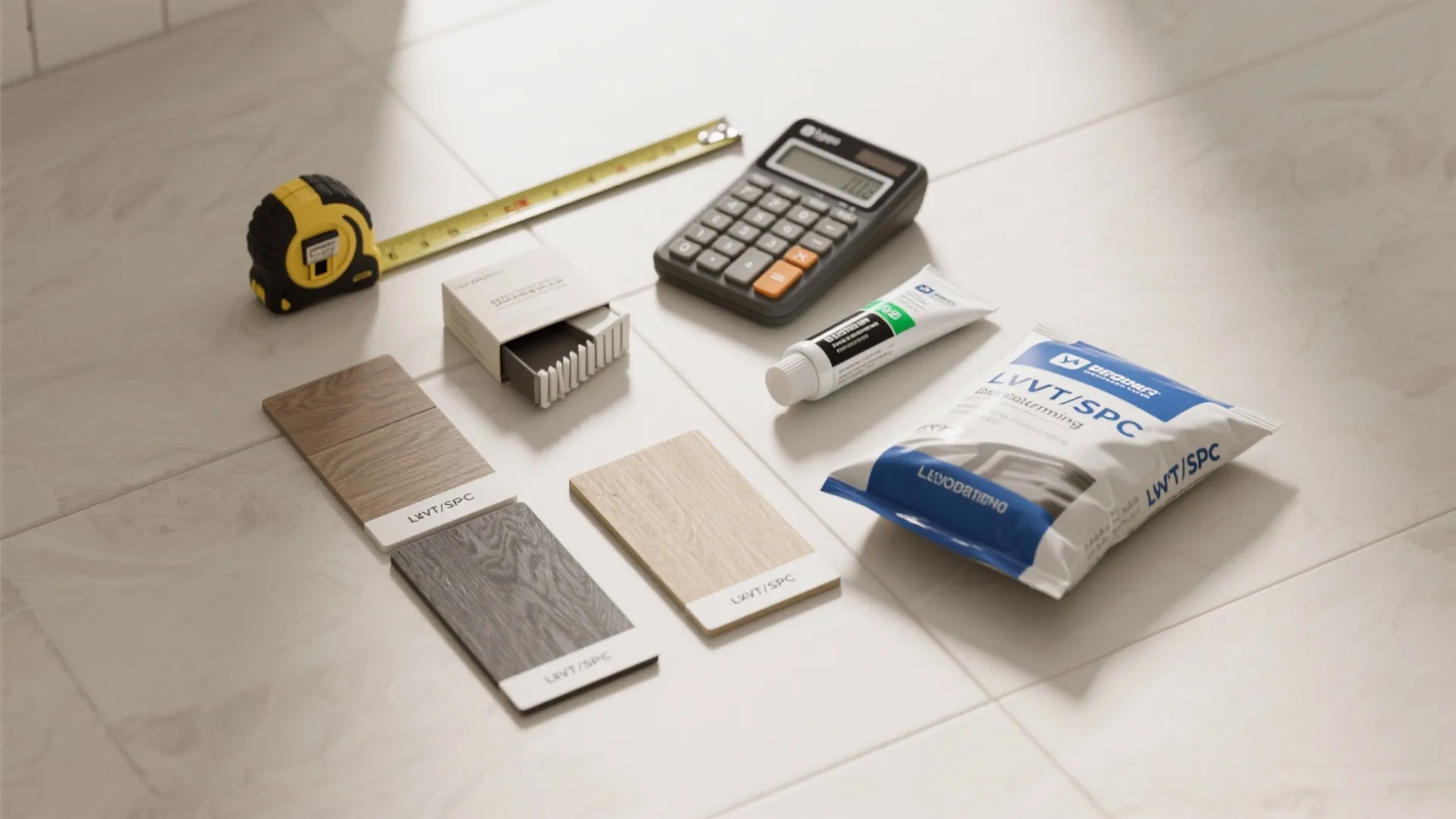 Flatlay with vinyl samples, trims, silicone, leveling compound, and measuring tools for budgeting.