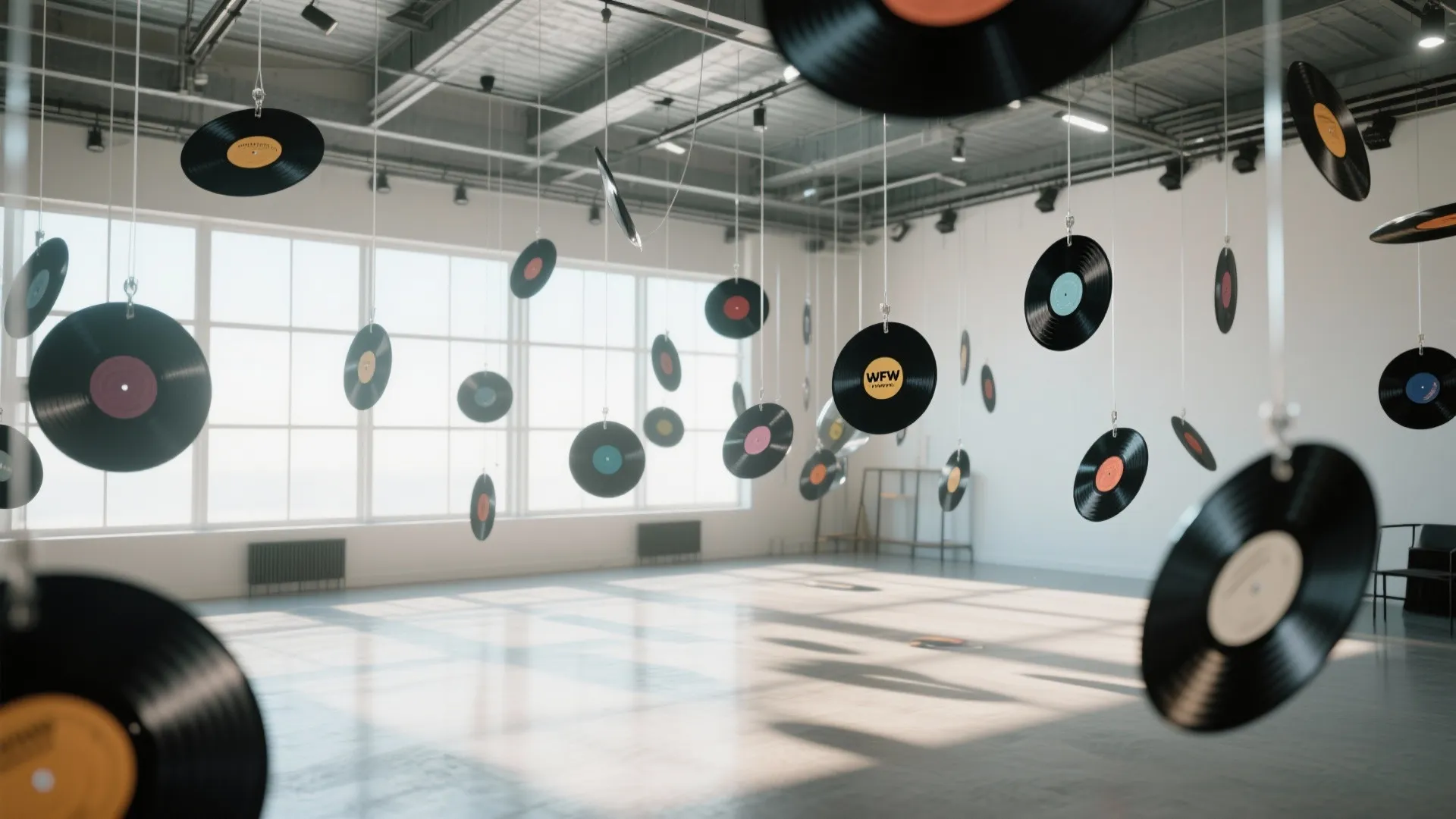 Vinyl records suspended from a high ceiling with transparent strings