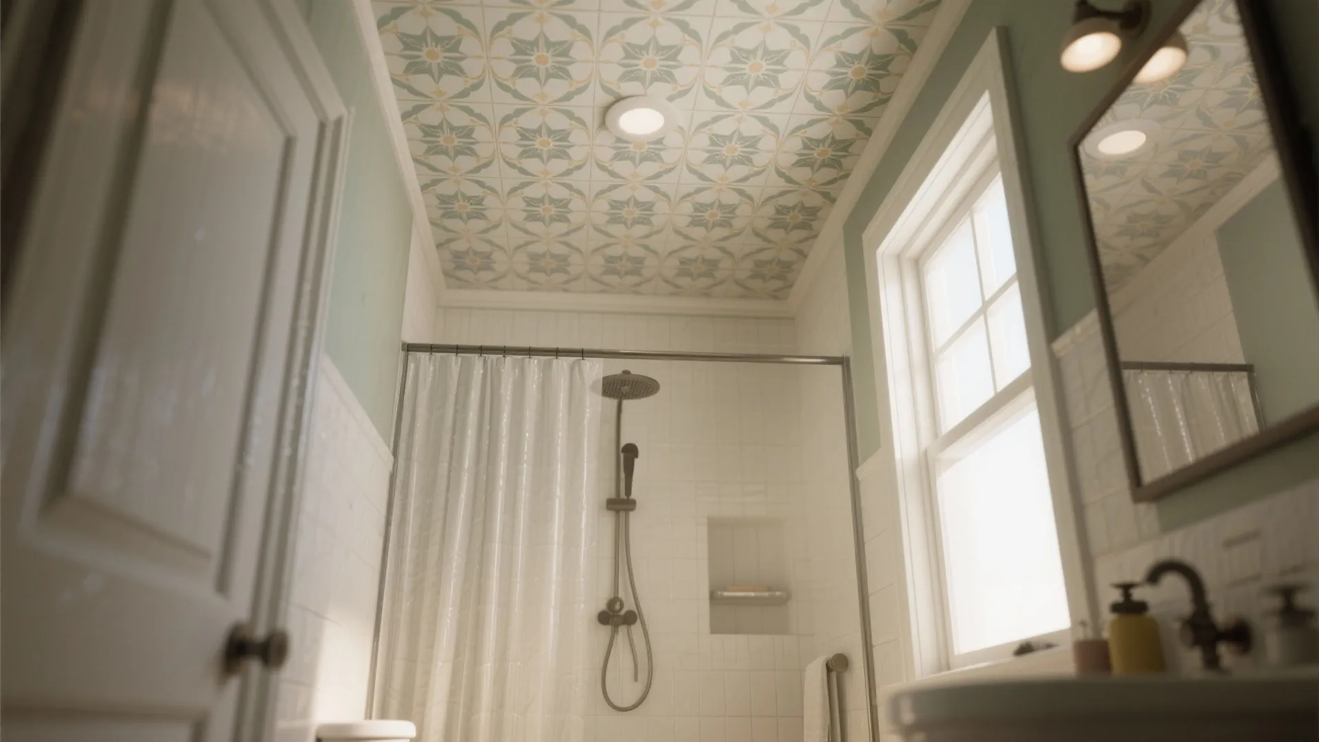 Bright bathroom with floral pattern ceiling wallpaper white wall tiles shower curtain and window light