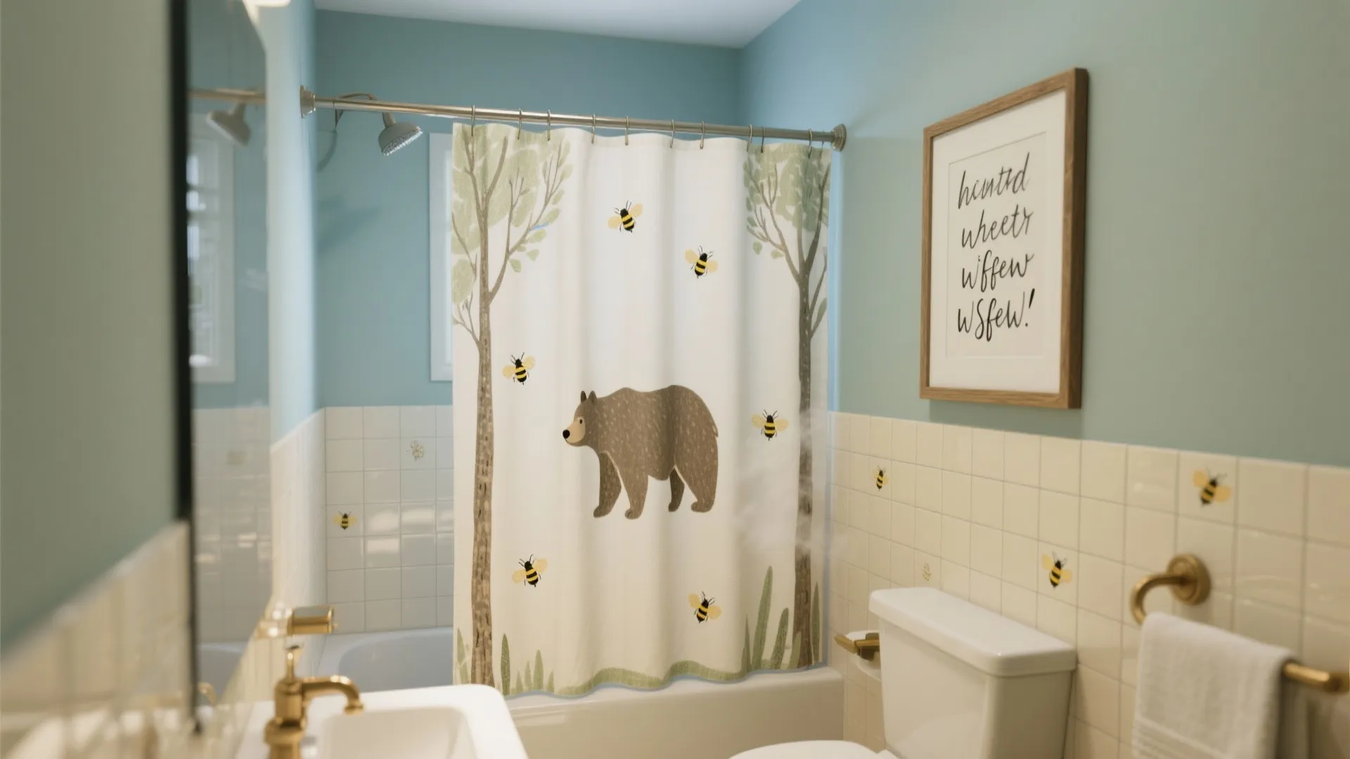 Kids bathroom featuring a white bear curtain with bee wall stickers and a wooden frame