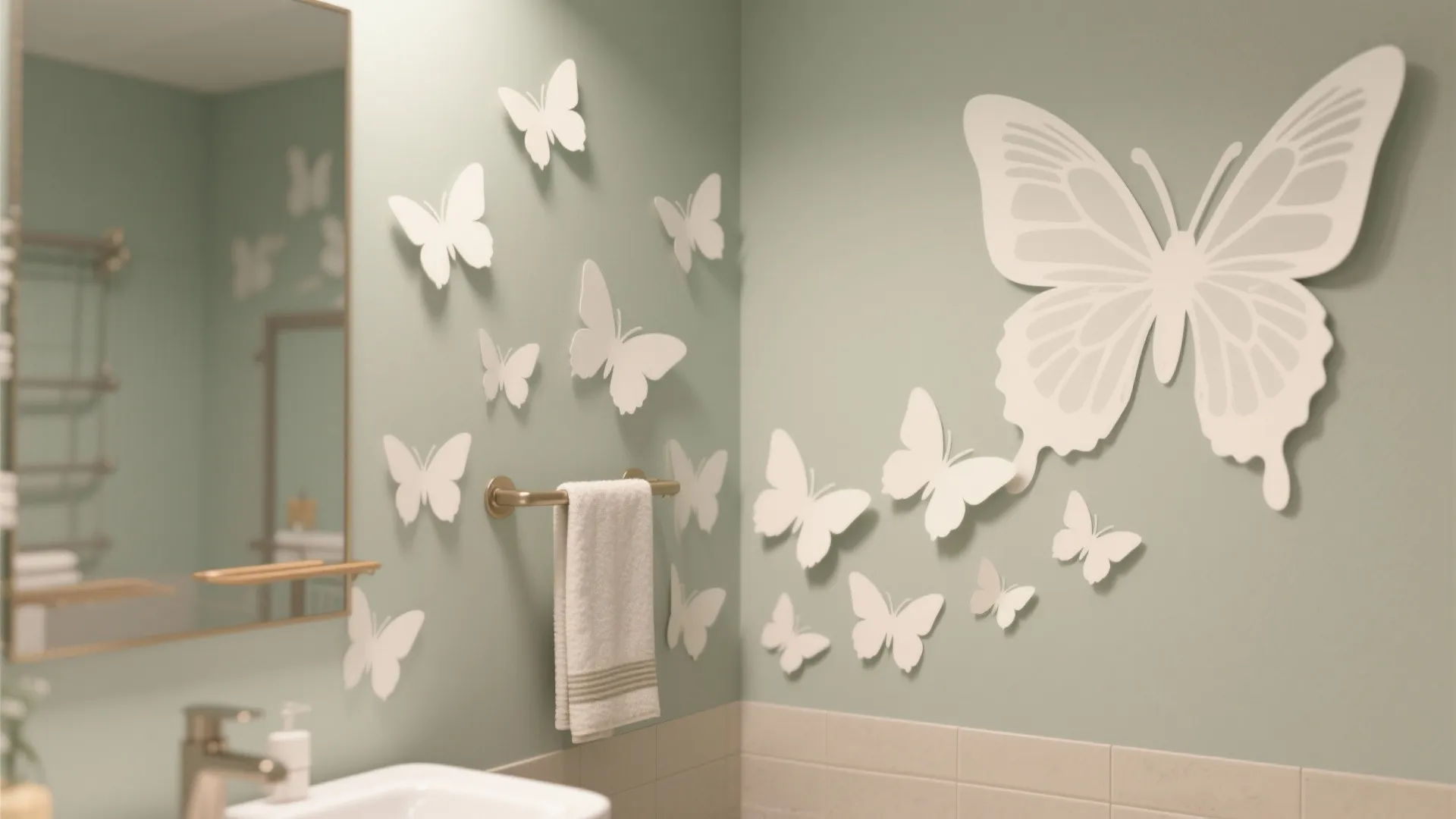 Light green bathroom wall decorated with white butterfly wall stickers near a sink and towel