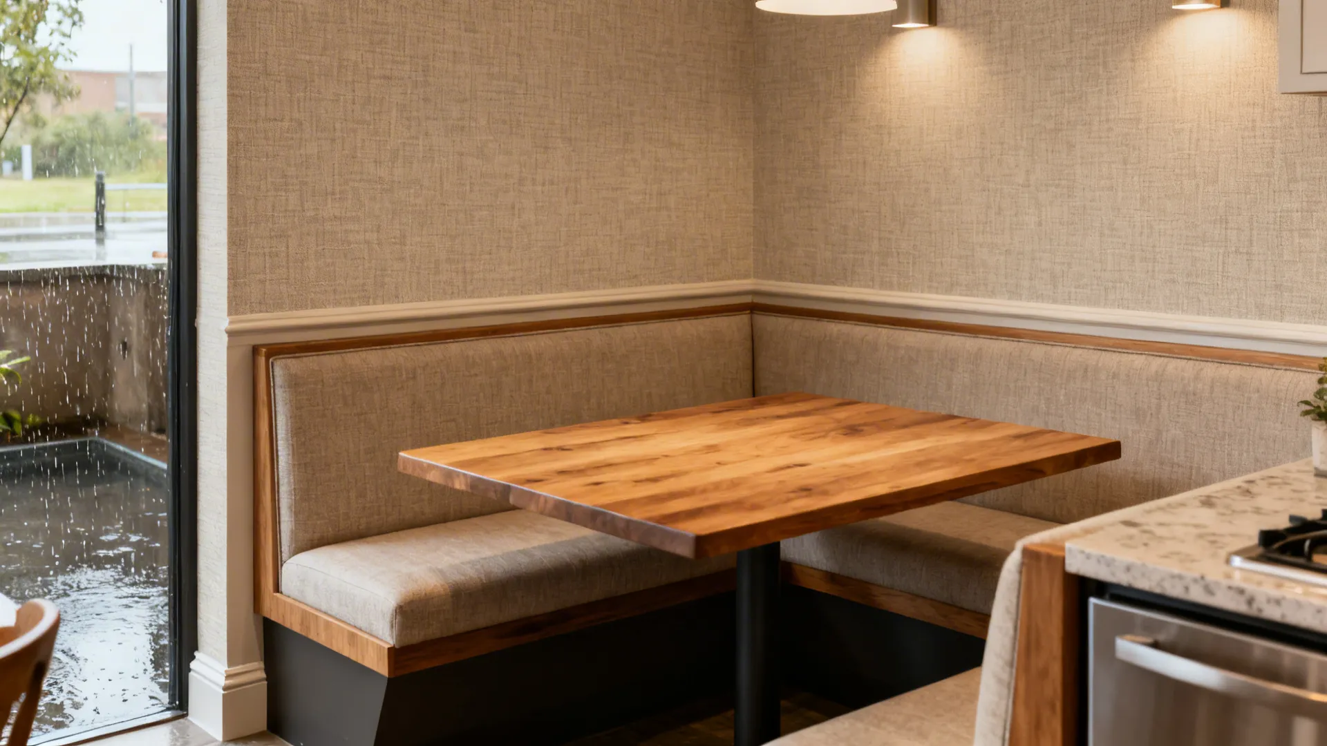 Wooden dining table with corner sofa seating and wall light in a warm home kitchen area