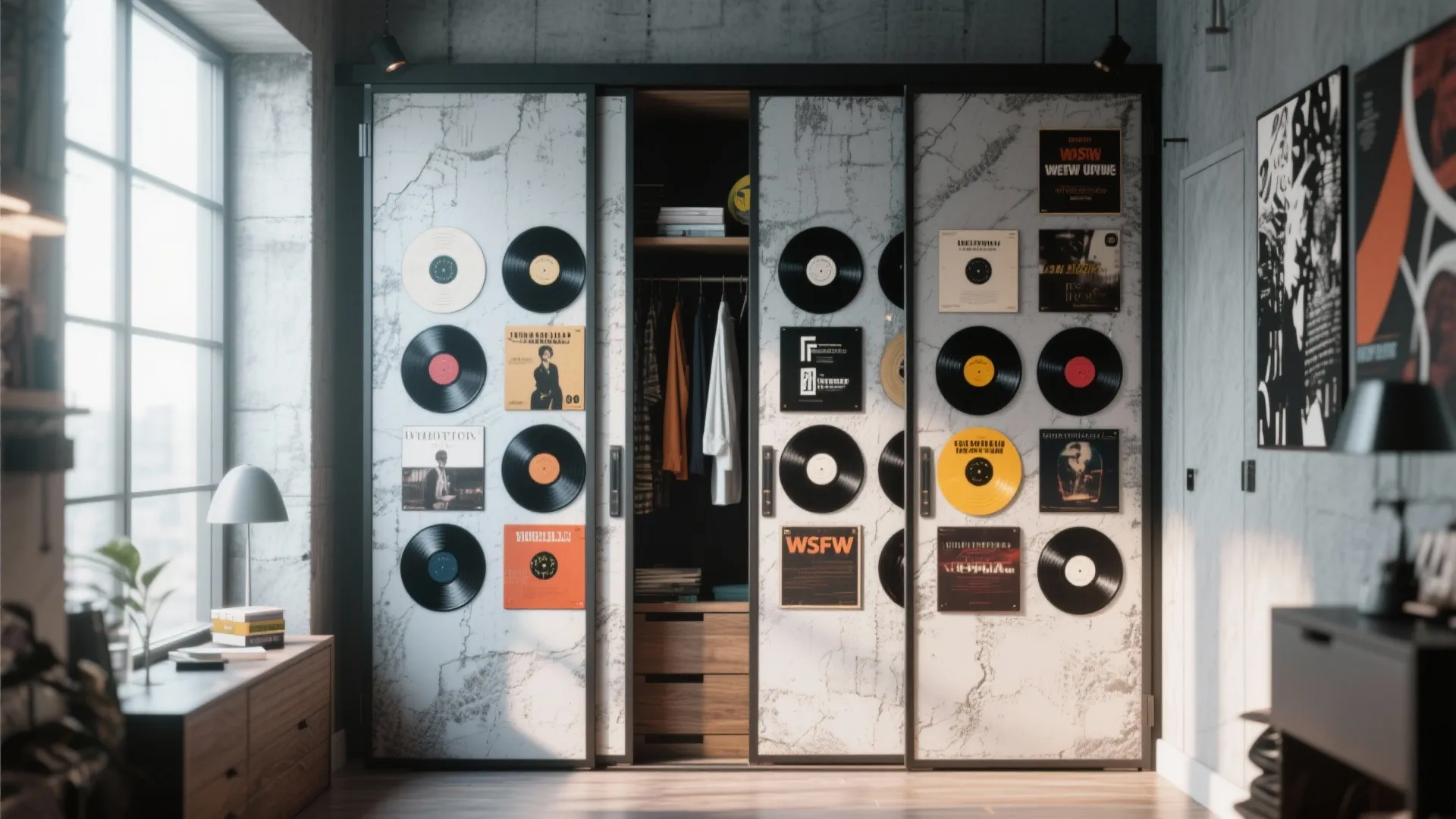 Sliding closet doors decorated with mounted vinyl records