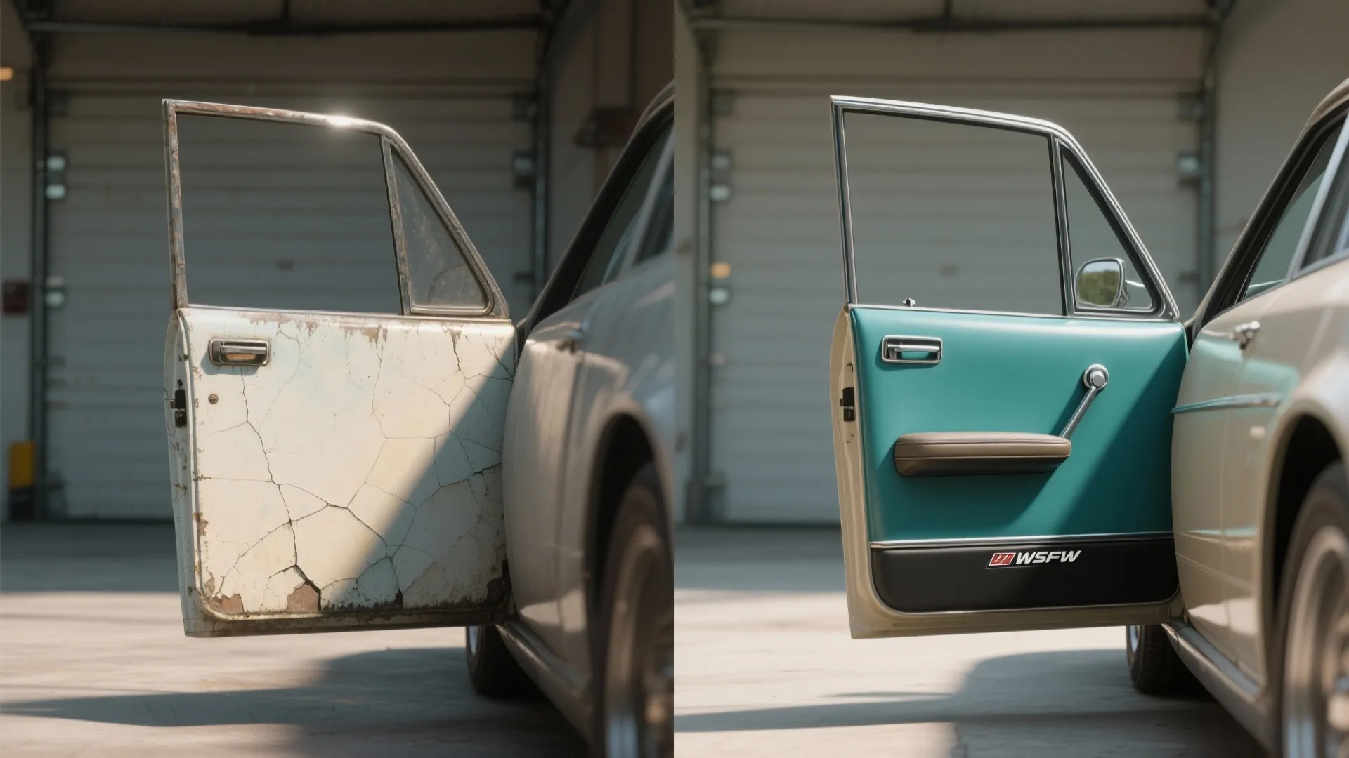 Before-and-after comparison of a flexible vinyl door card showing faded vs. dye-restored finish.