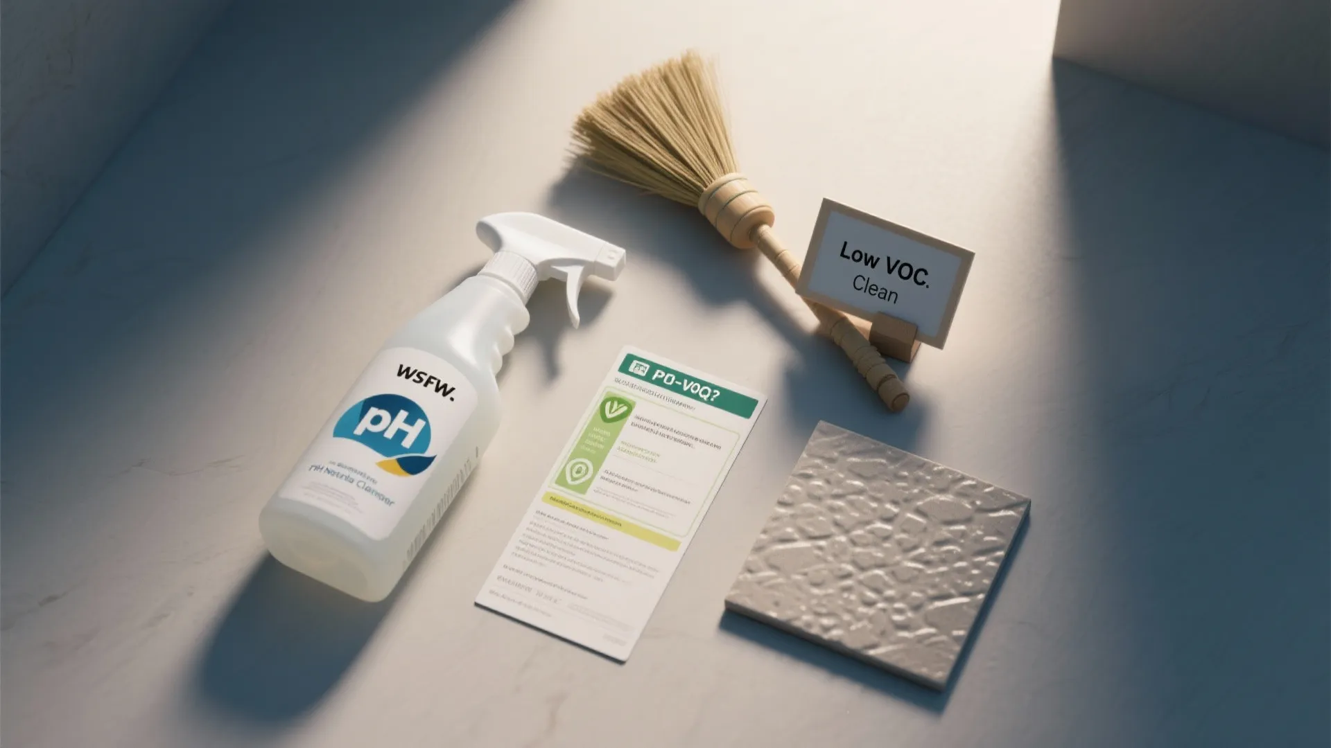 Cleaning spray bottle and a small brush next to a sign for low chemical levels