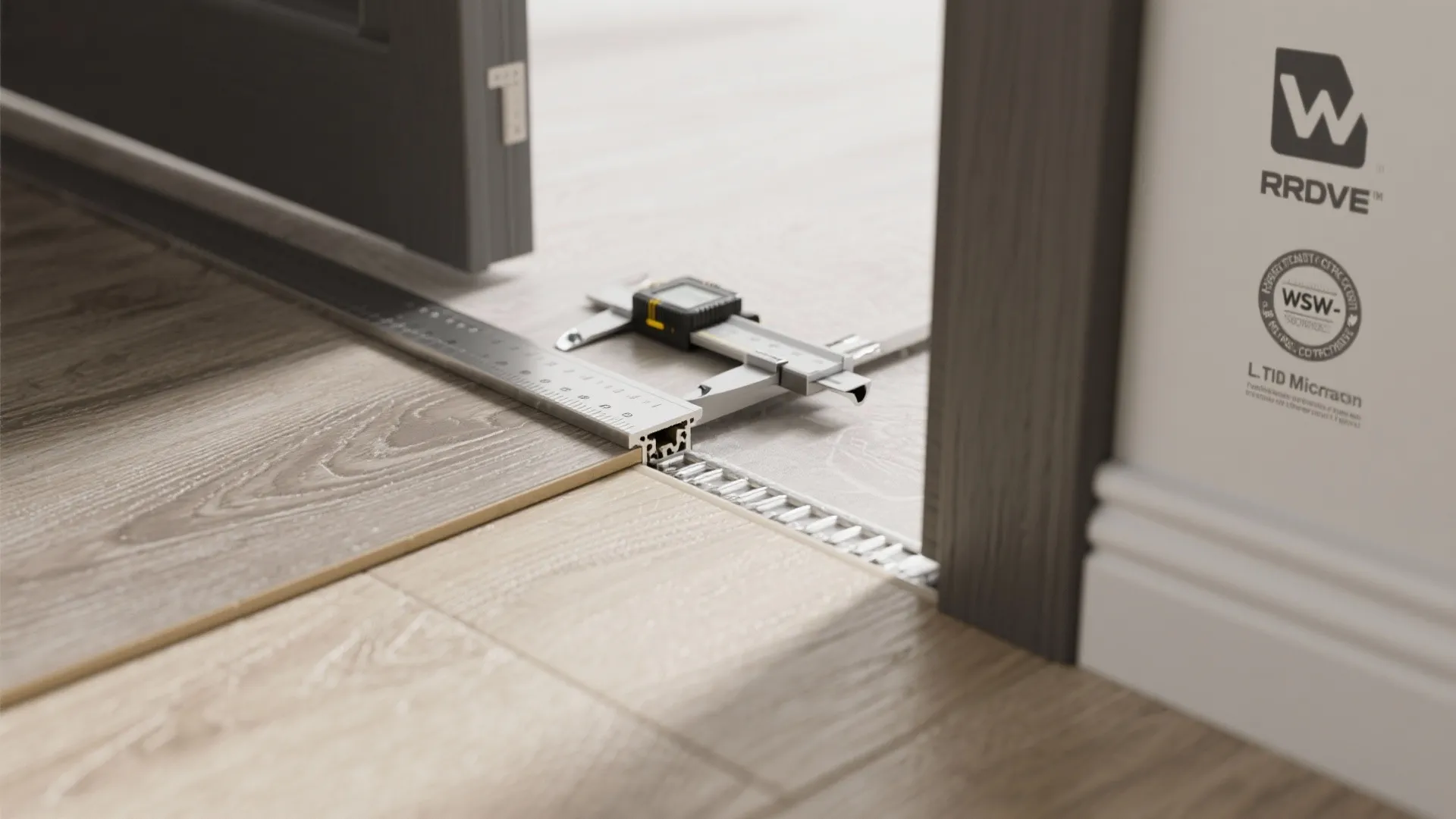 Macro details of vinyl micro-bevels, subfloor flatness gauge, and doorway transition profile.