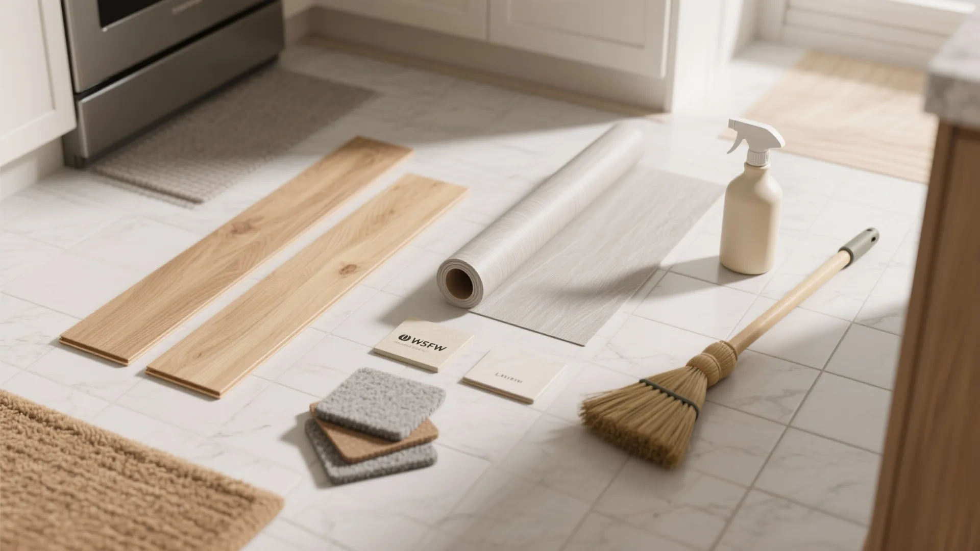 Floor flooring samples including wood planks vinyl rolls carpet tiles cleaning spray and a cleaning broom